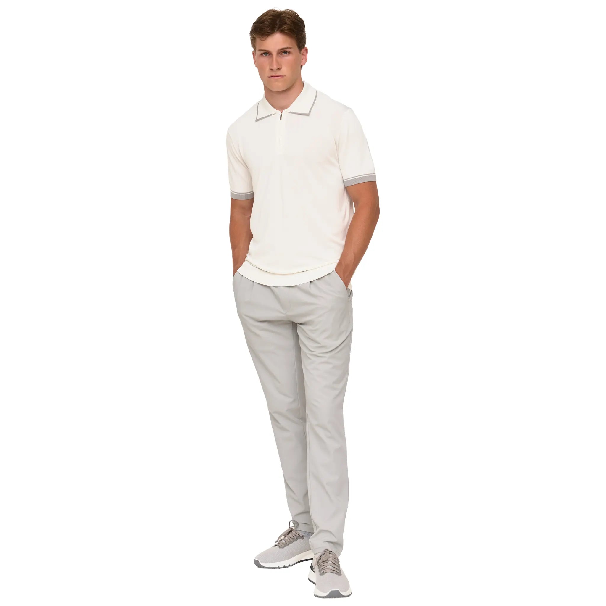 Front View of Loiano Rayon Knit White Polo Shirt