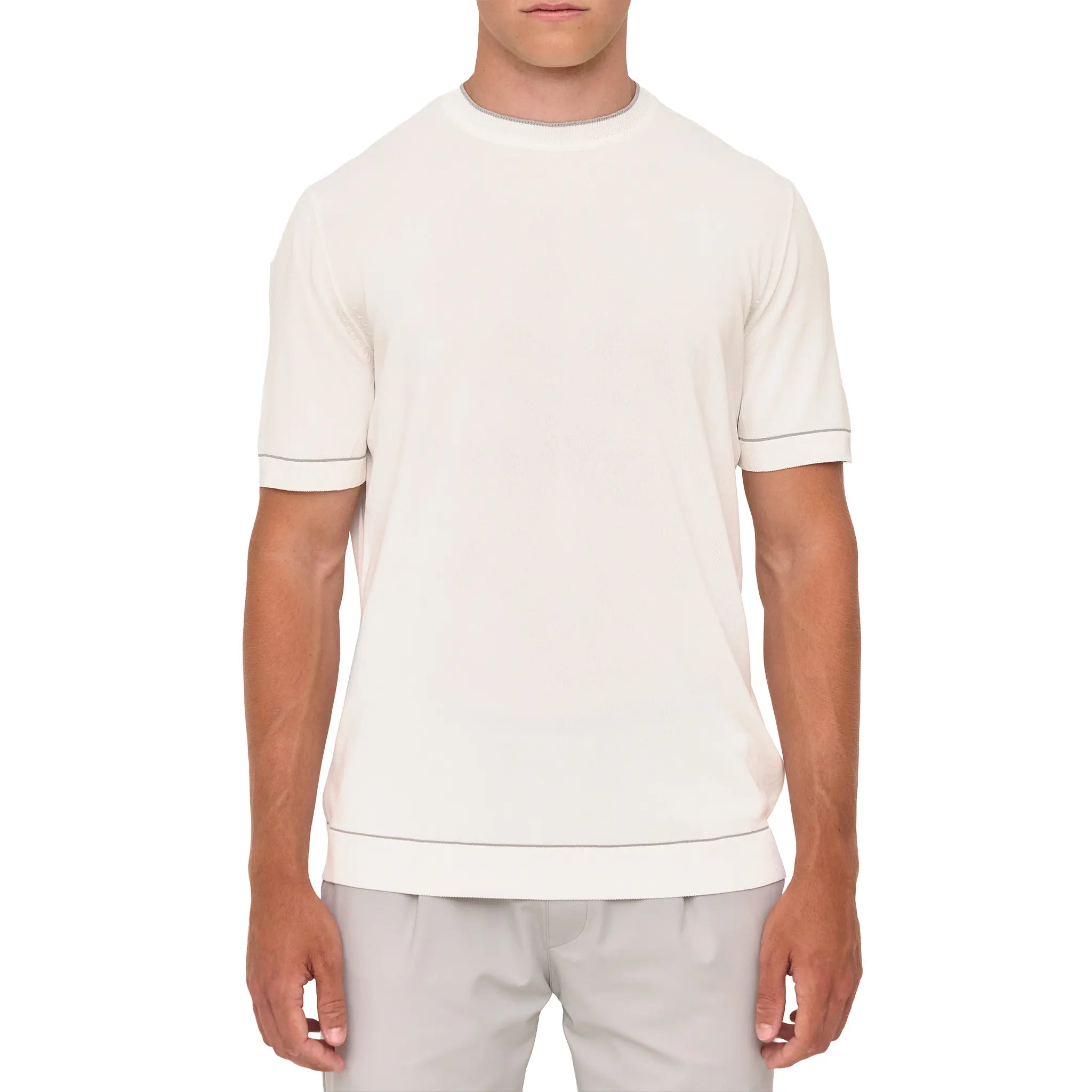Model Front View of Loiano Rayon Knit White T-Shirt
