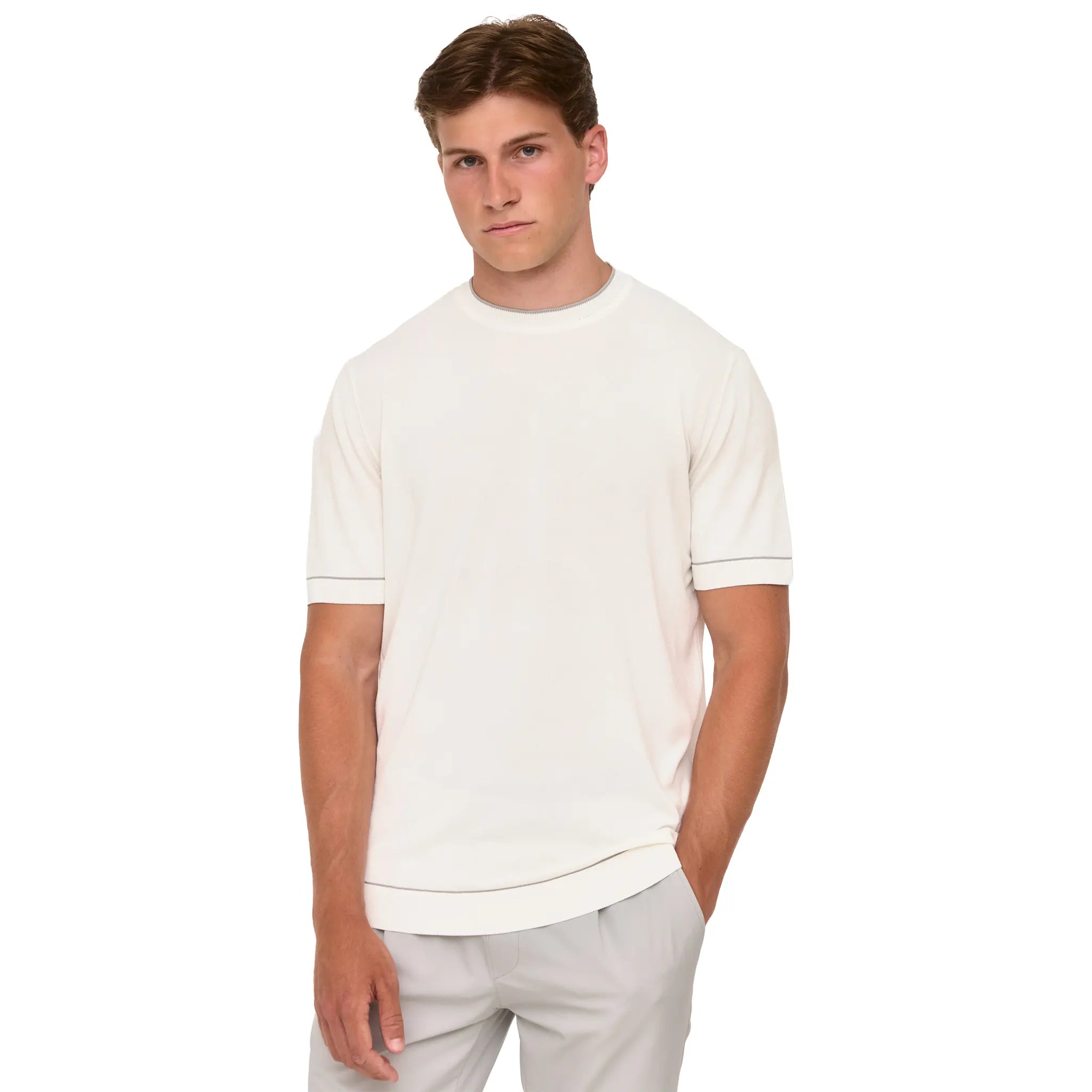 Model Front View of Loiano Rayon Knit White T-Shirt
