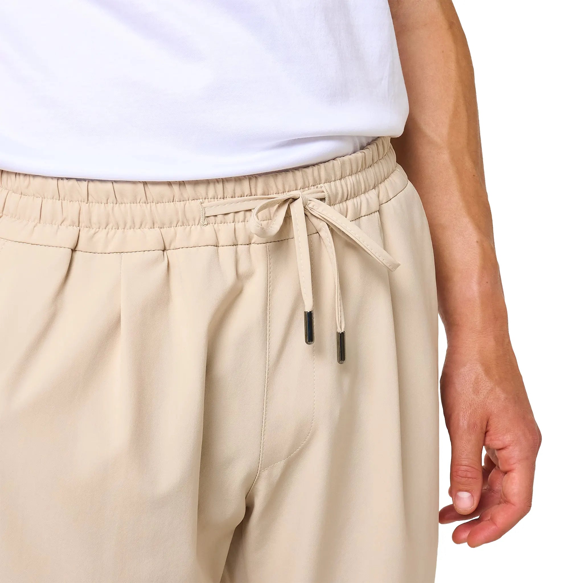 Detailed Front View of Loiano Tech Beige Trousers