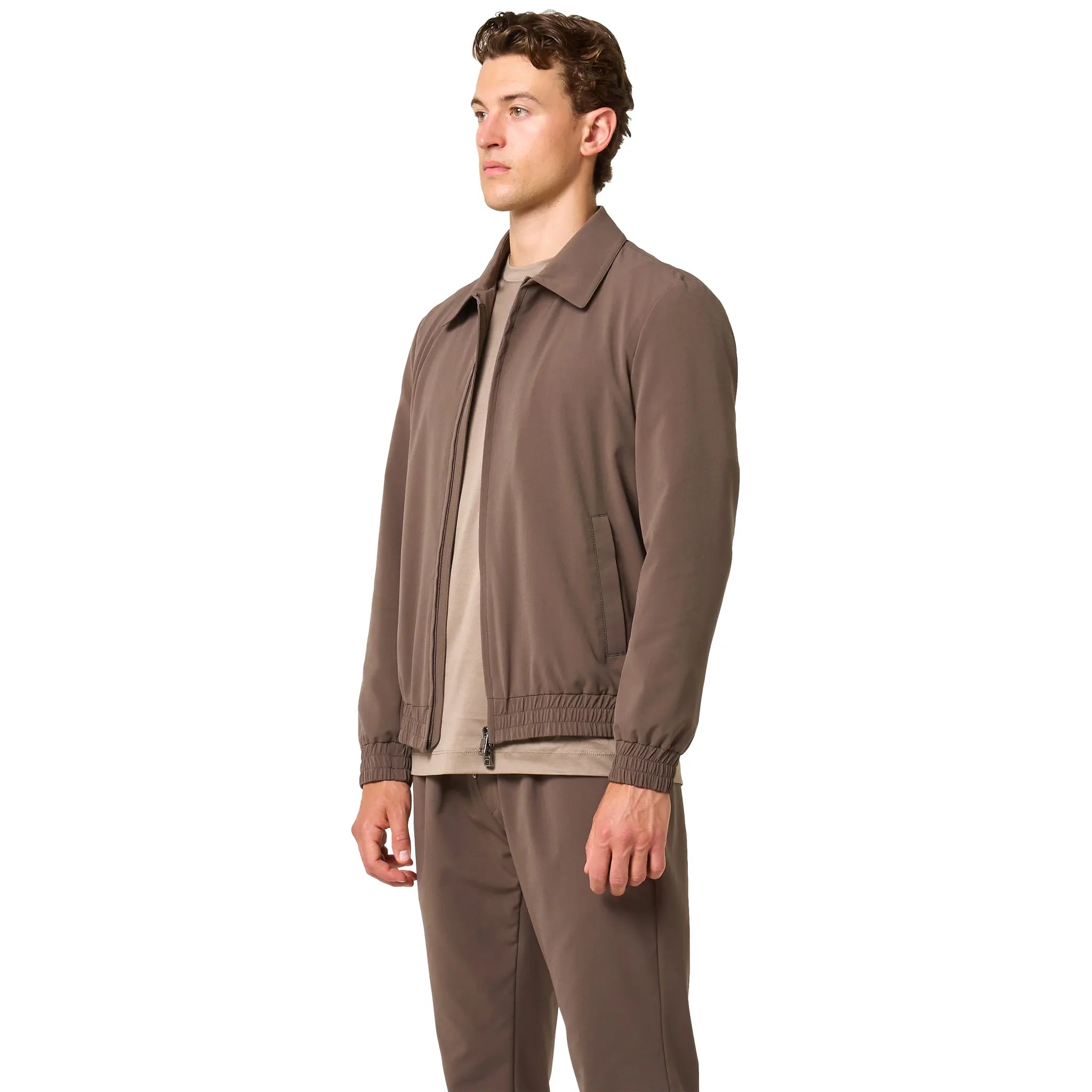 Front Side View of Loiano Tech Taupe Jacket