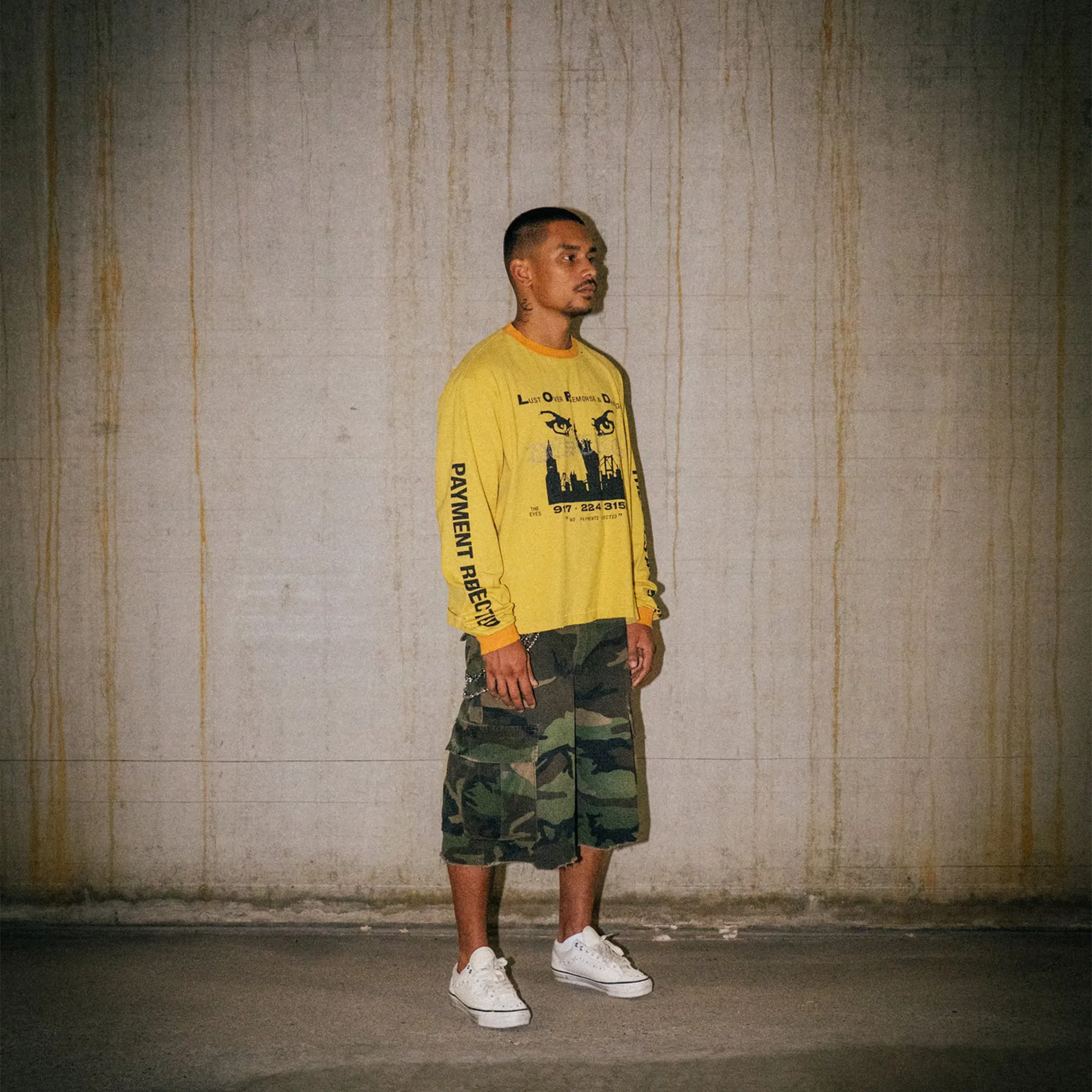Front Side View of Lord Culture Eyes L/S Yellow T-Shirt