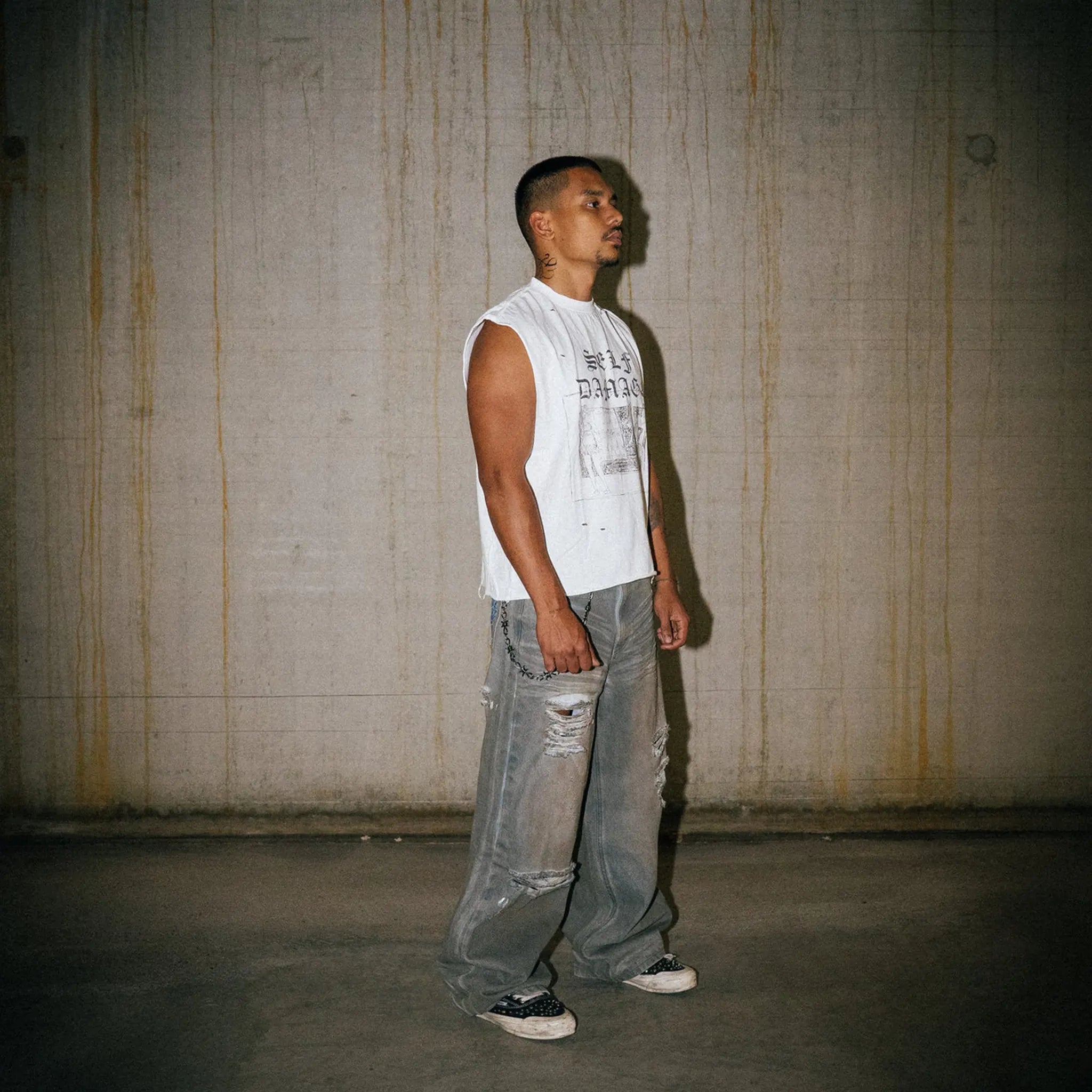 Front Side View of Lord Culture Self Damage White Vest