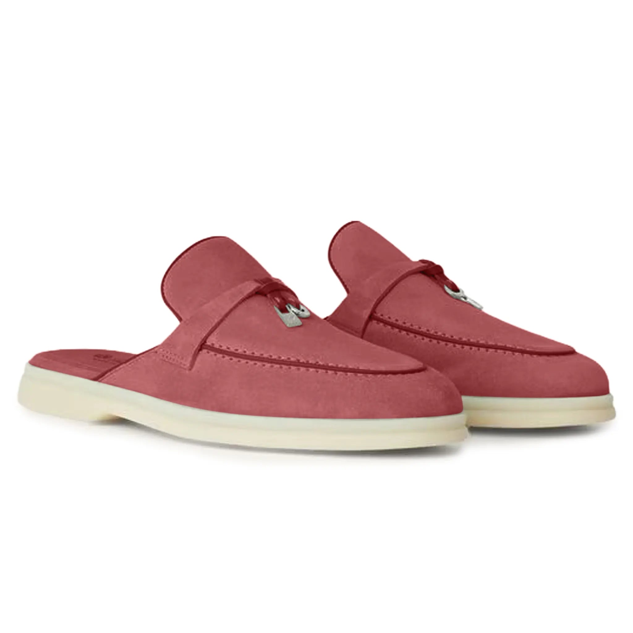 Front Side View of Loro Piana Babouche Summer Charms Walk Suede Red Orchid Loafers FAI1543_R09E