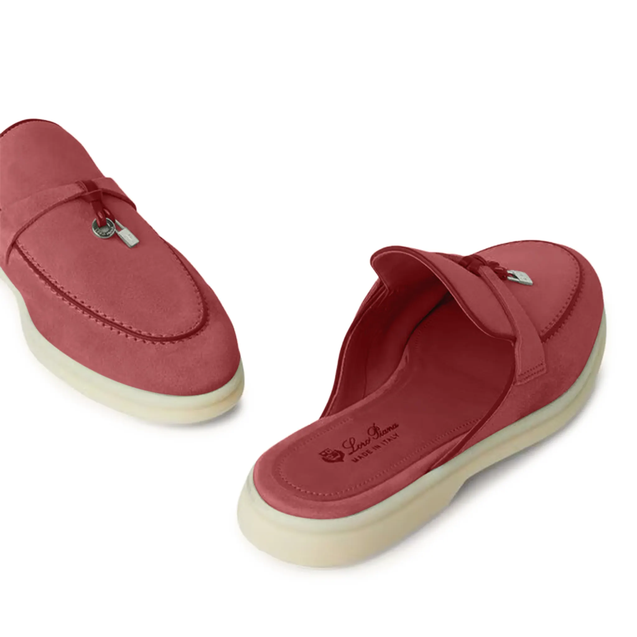Back Side View of Loro Piana Babouche Summer Charms Walk Suede Red Orchid Loafers FAI1543_R09E