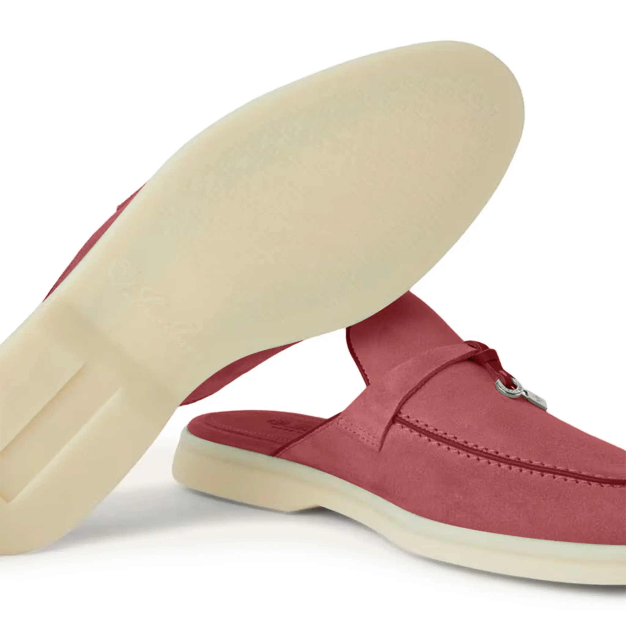 Sole Side View of Loro Piana Babouche Summer Charms Walk Suede Red Orchid Loafers FAI1543_R09E