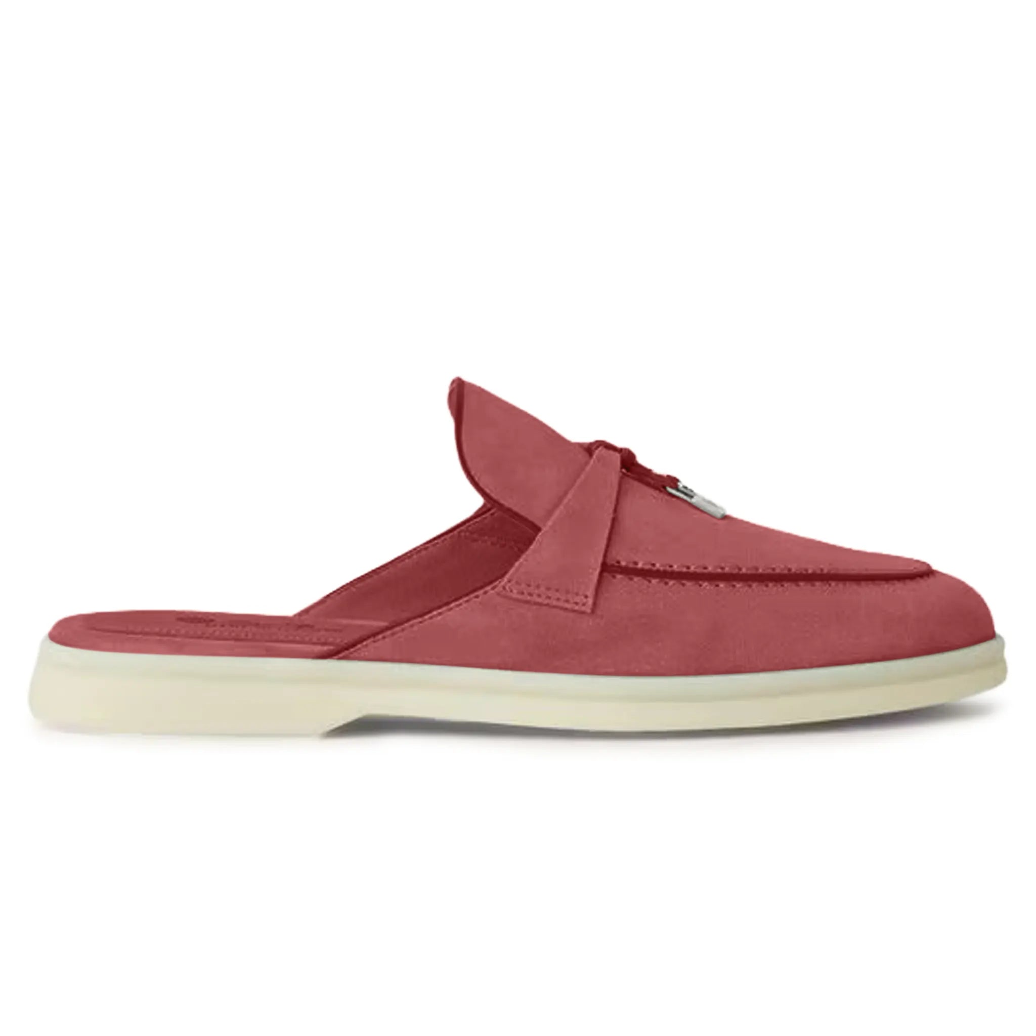 Side View of Loro Piana Babouche Summer Charms Walk Suede Red Orchid Loafers FAI1543_R09E