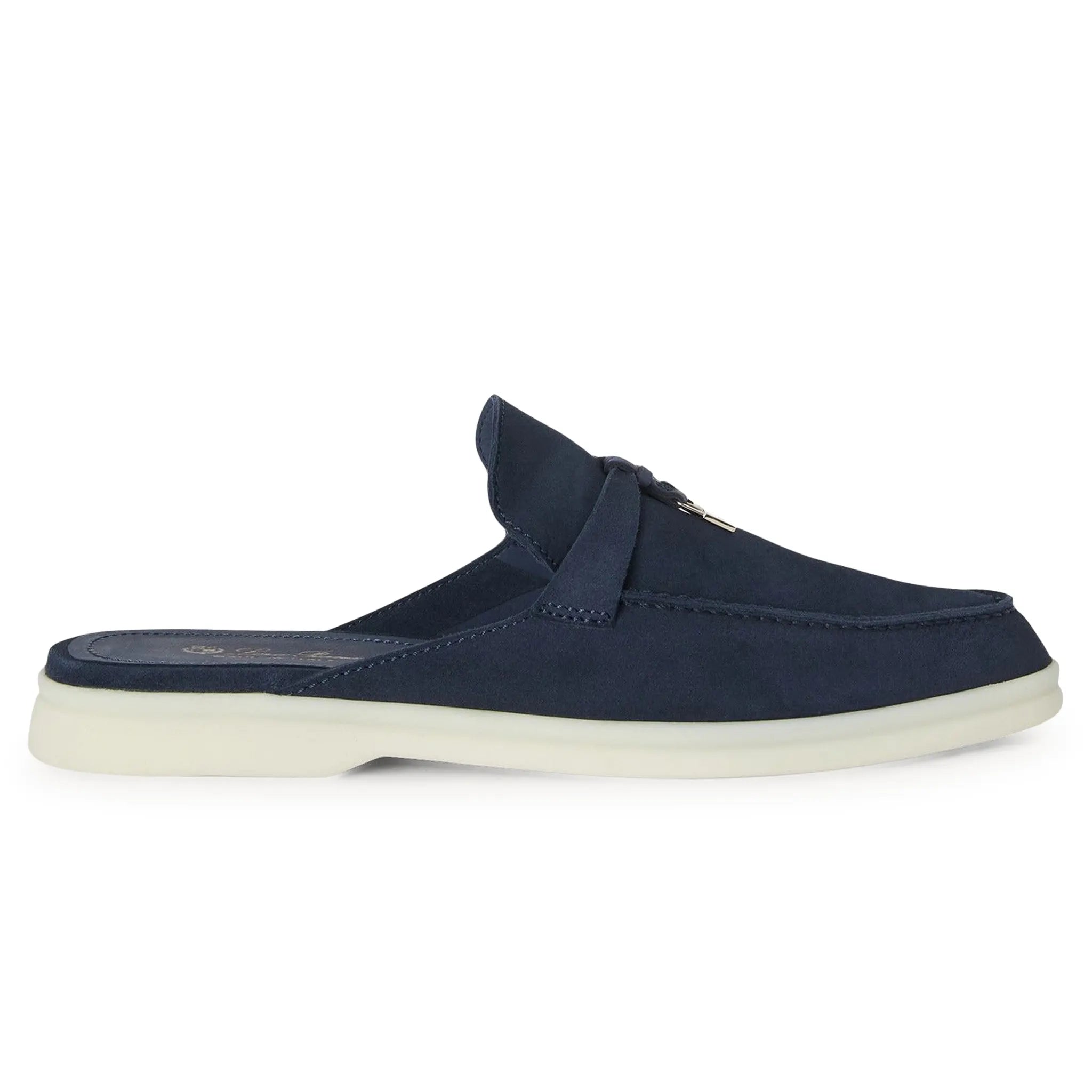Side View of Loro Piana Babouche Walk Suede Argo Blue Melange Loafers FAI1543_W948