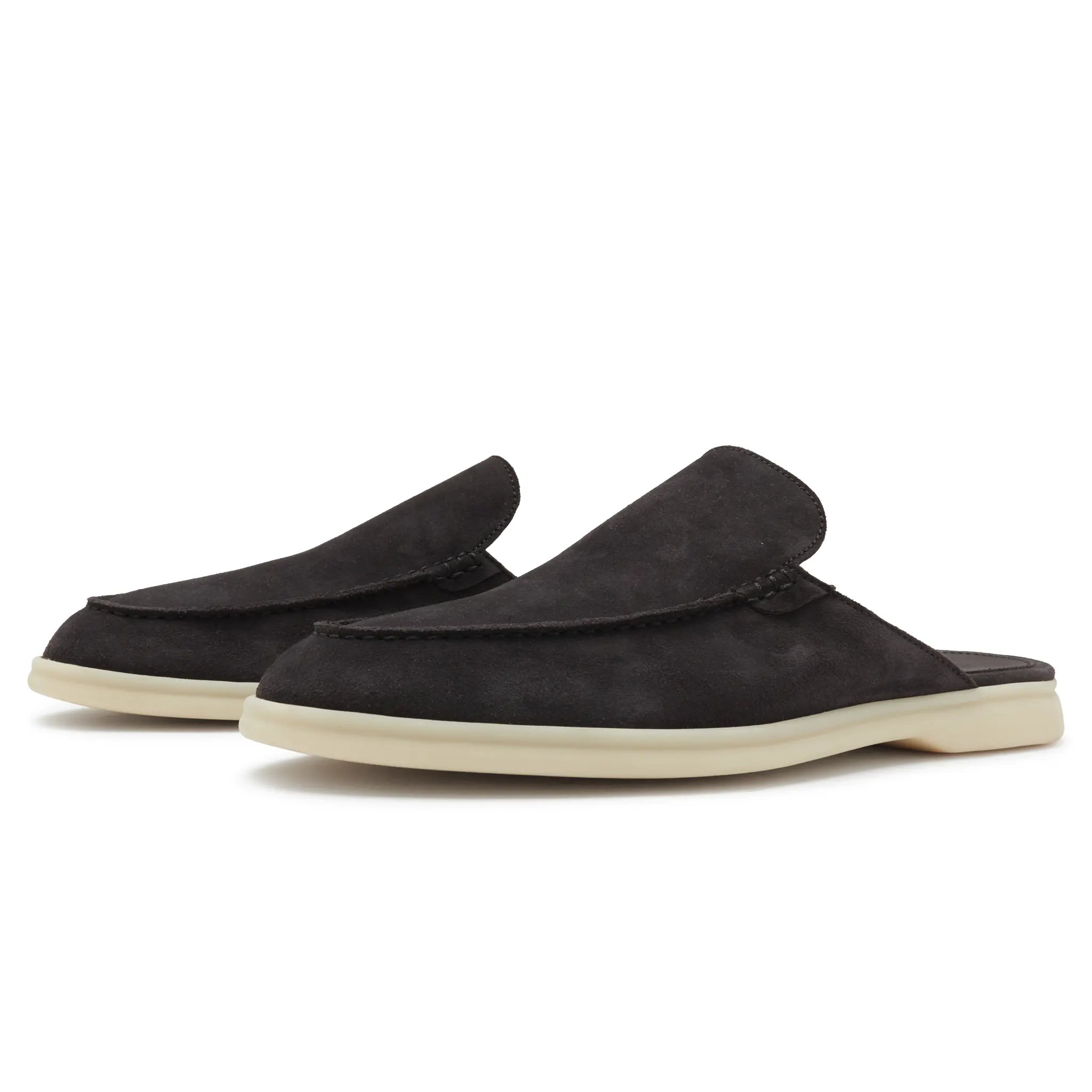 Front Side View of Loro Piana Babouche Walk Suede Ink Loafers FAM3488_MA56
