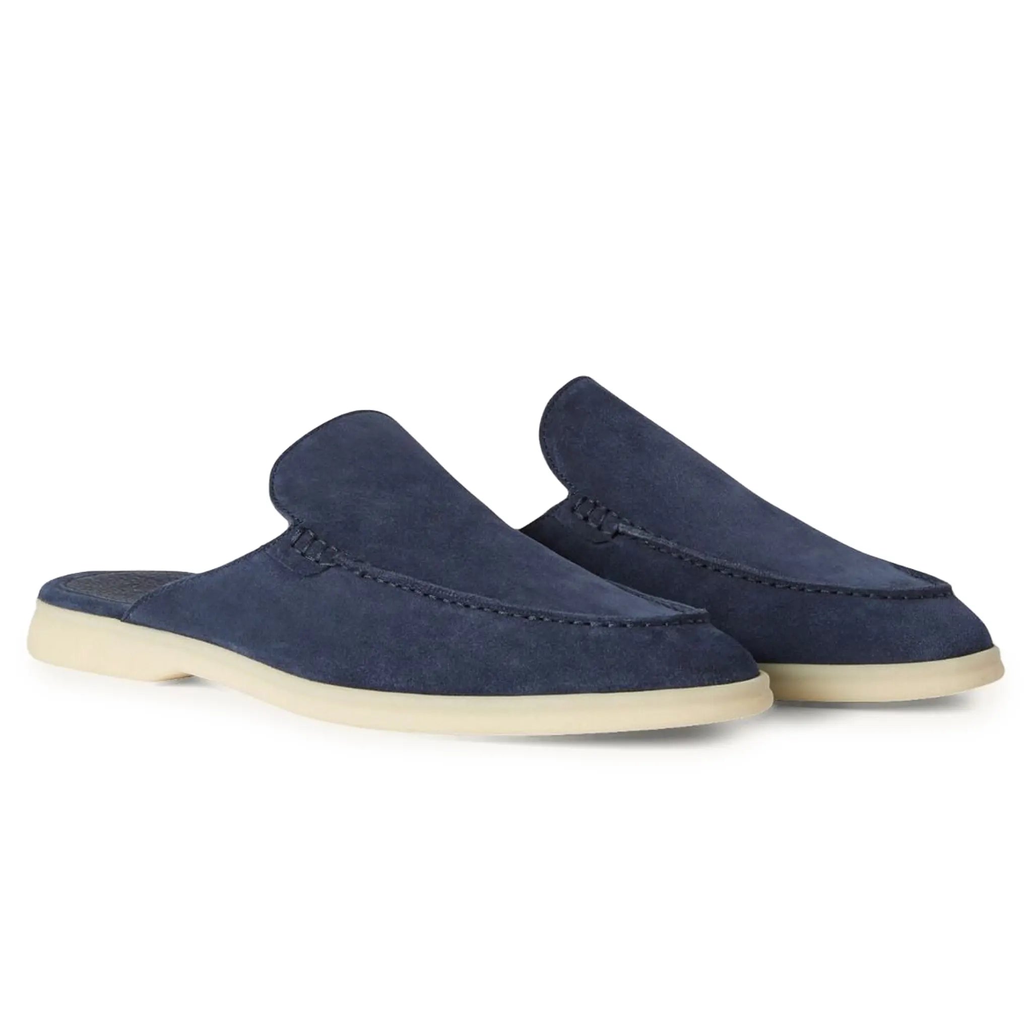 Front Side View of Loro Piana Babouche Walk Suede Racing Blue Loafers FAM3488-W0UC
