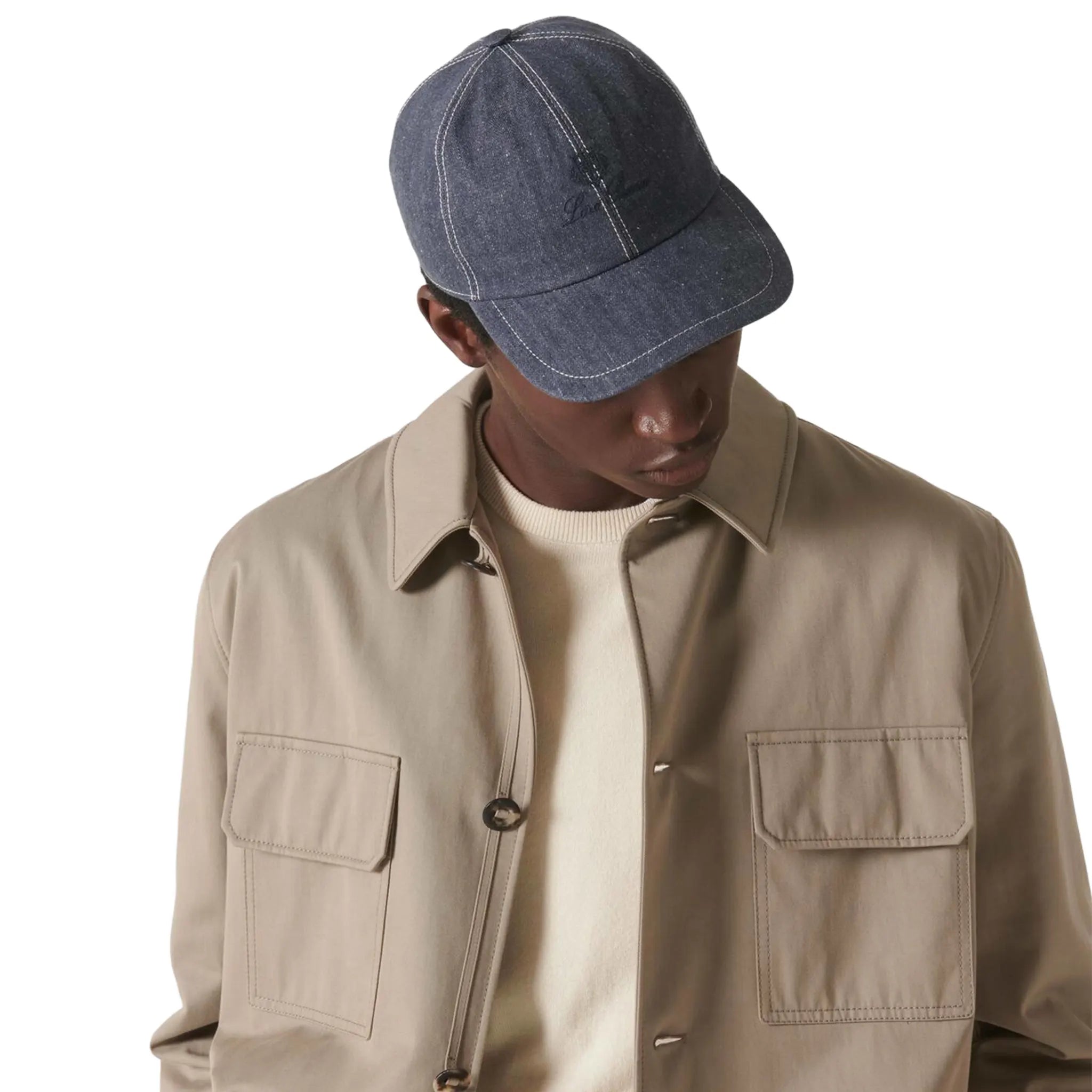 Front Side View of Loro Piana Denim Blue Baseball Cap FA06405_W13K