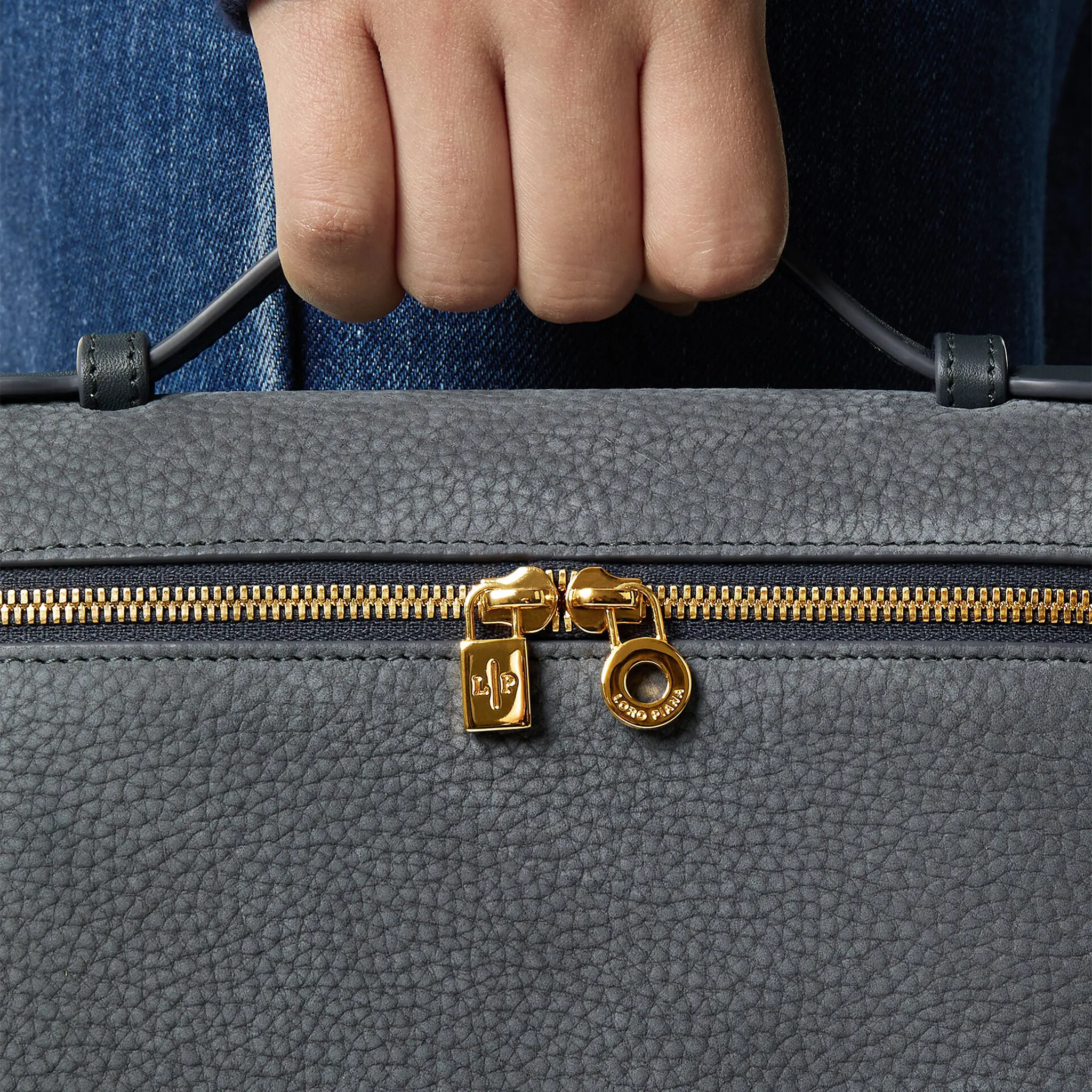 Front Detailed View of Loro Piana Extra Pocket L19 Calfskin Blue Green Sun Gold Shoulder Bag FAP6658_706E