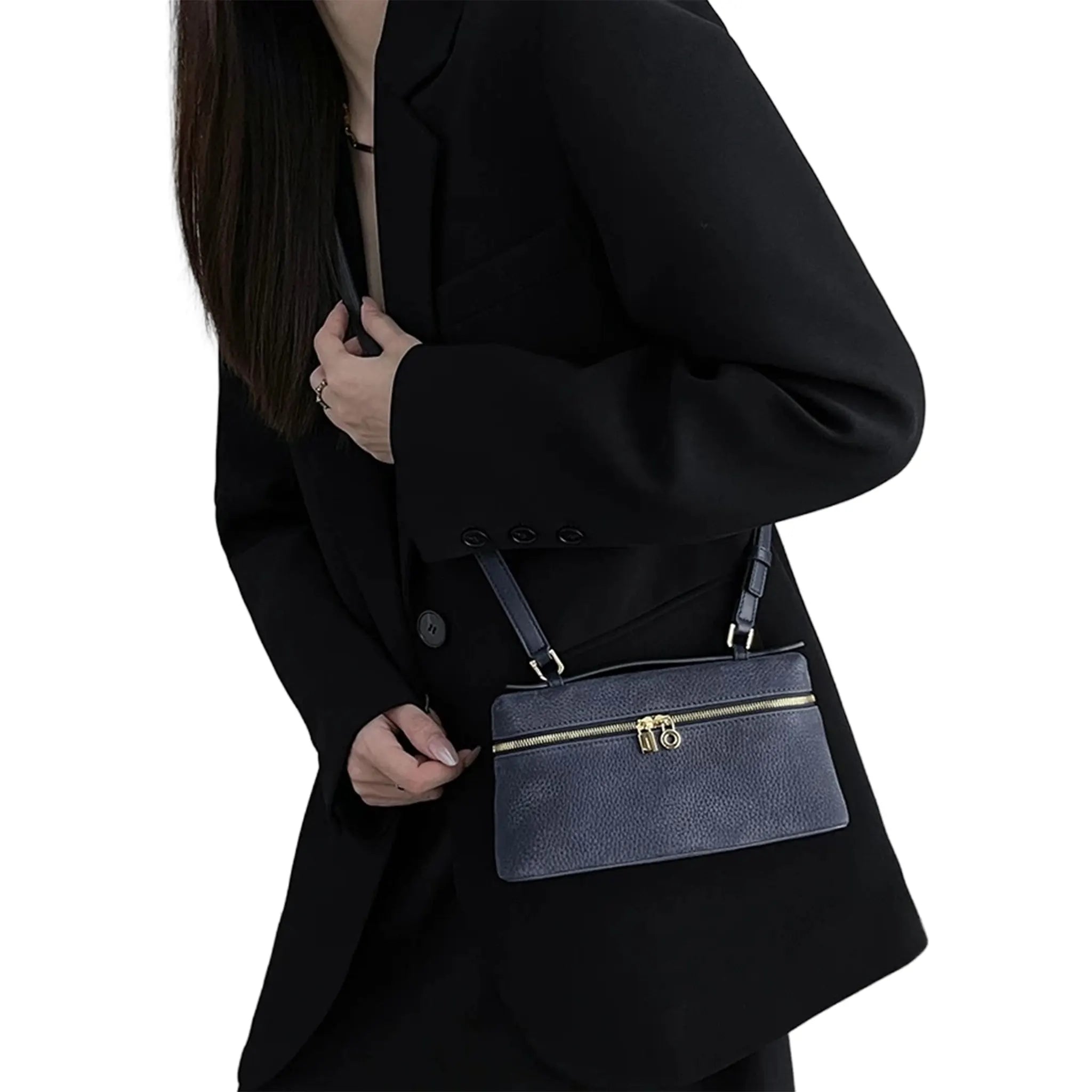 Model View of Loro Piana Extra Pocket L19 Calfskin Blue Green Sun Gold Shoulder Bag FAP6658_706E