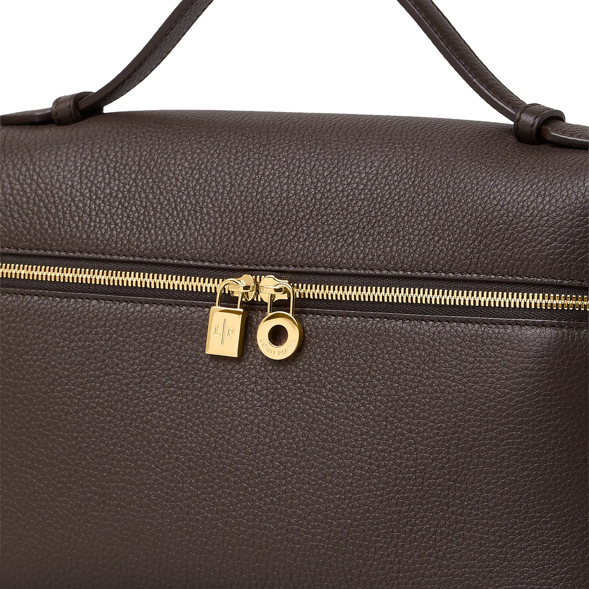 Detailed Front View of Loro Piana Extra Pocket L19 Dark Chocolate Sun Gold Shoulder Bag FAN4045_H0TO