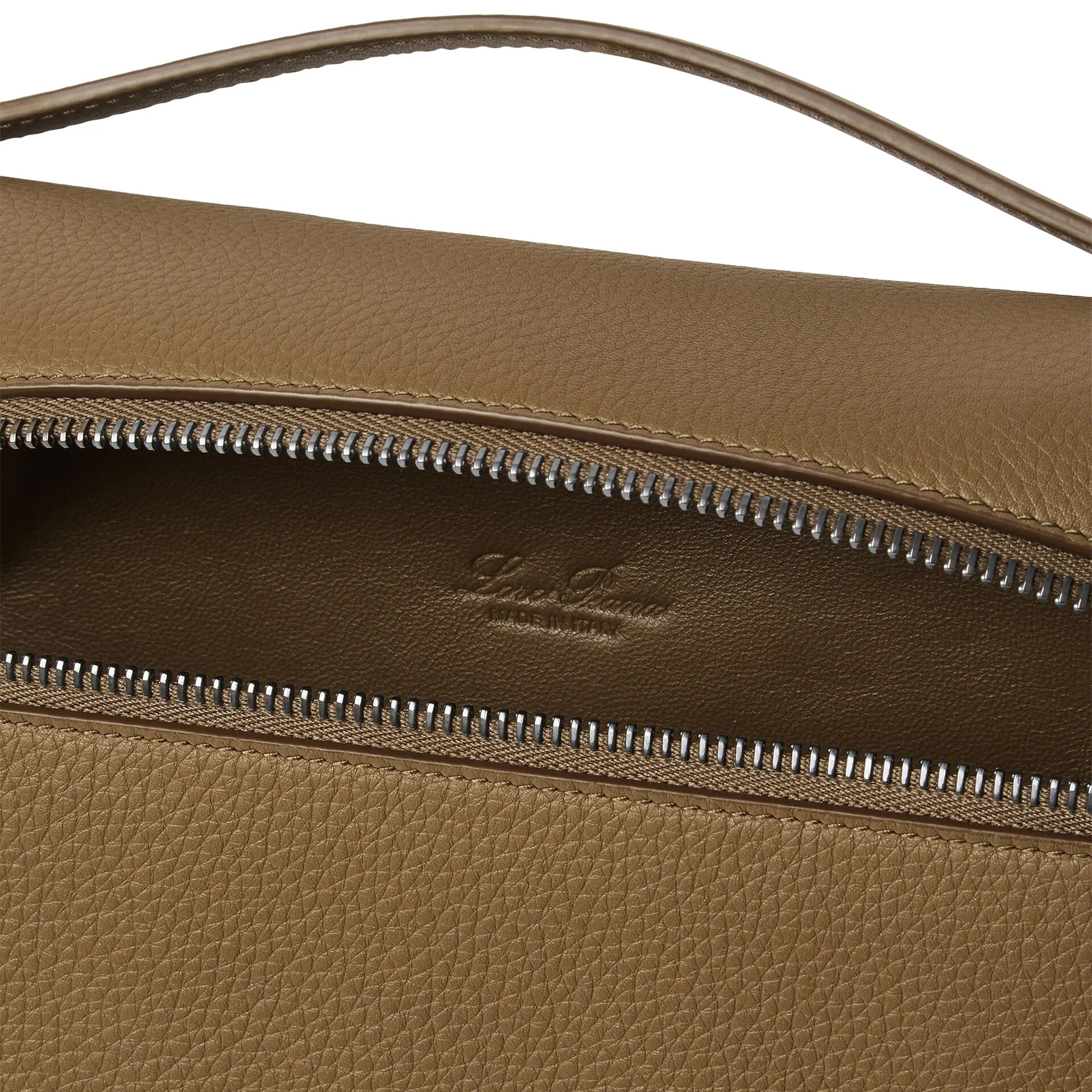 Detailed Zip View of Loro Piana Extra Pouch L29 Calfskin Salty Capers Onyx FAN9085_51BD