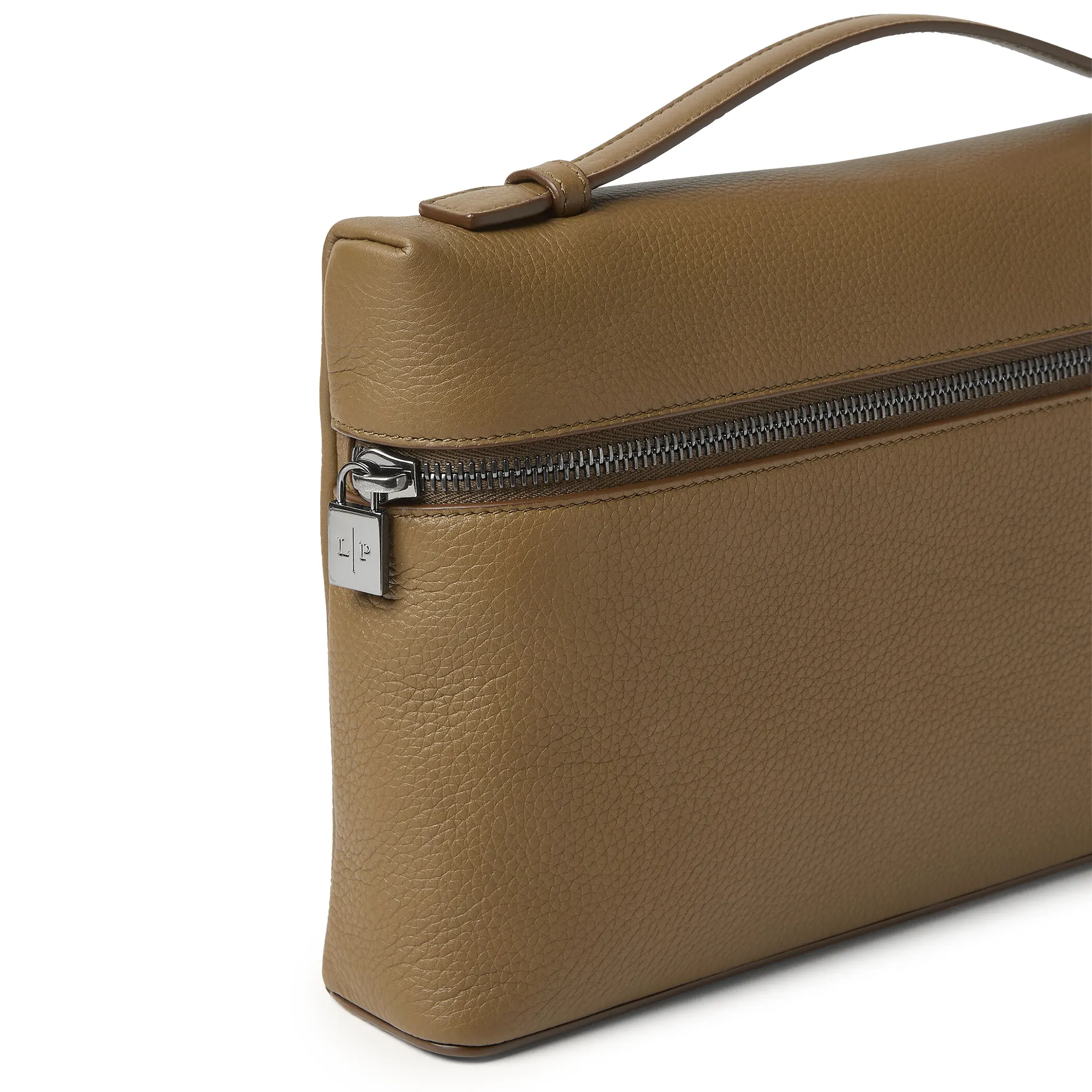 Front Side View of Loro Piana Extra Pouch L29 Calfskin Salty Capers Onyx FAN9085_51BD