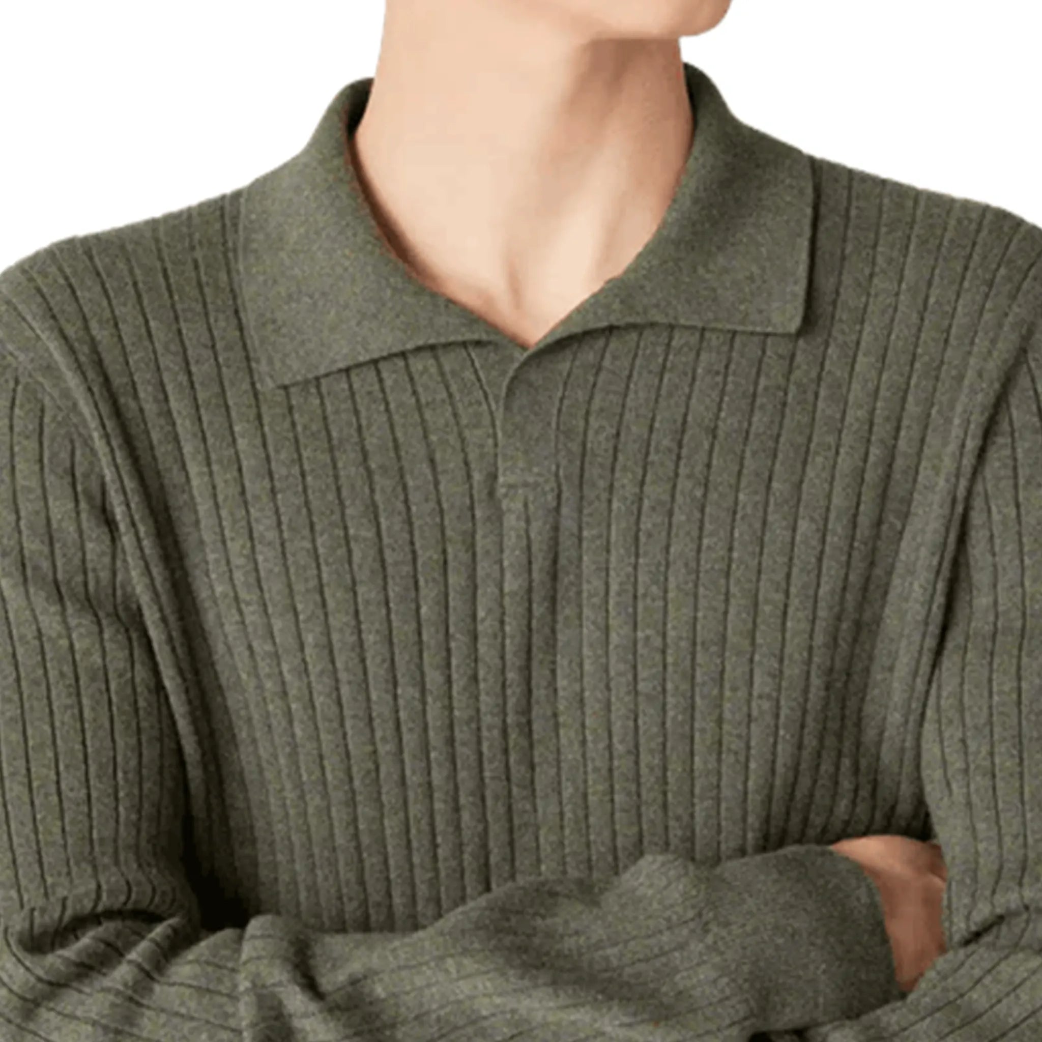Detailed View of Loro Piana Lexington Baby Cashmere Dusky Moss Melange Polo Shirt FAO3673