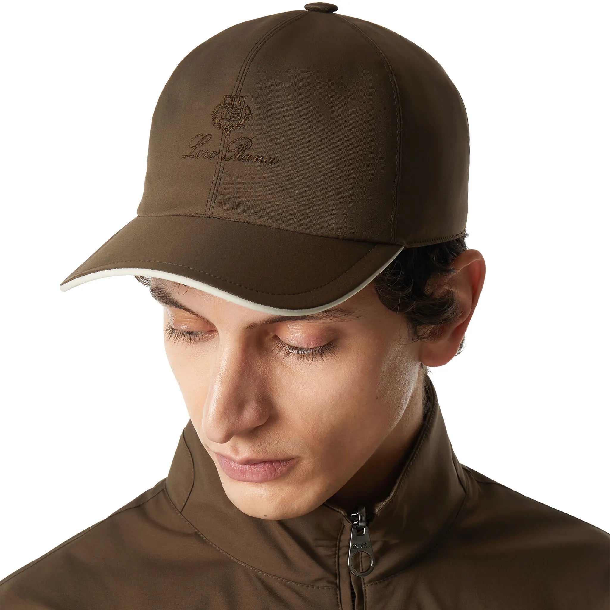 Model View of Loro Piana Microfibre Storm System Sequoia Ivory Baseball Cap