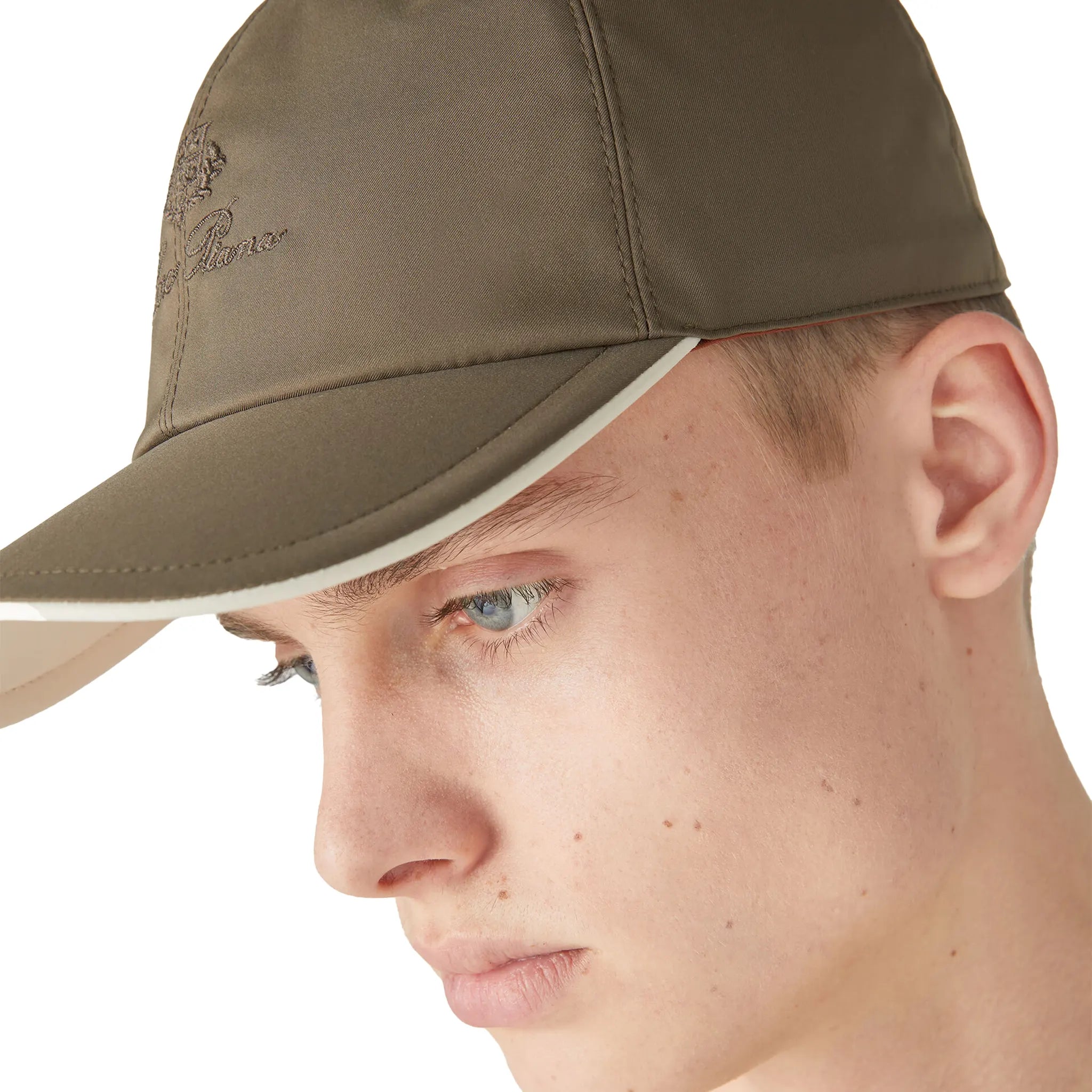 Model Front Side View of Loro Piana Microfibre Storm System Taiga Ivory Baseball Cap FAP9958_B4VX