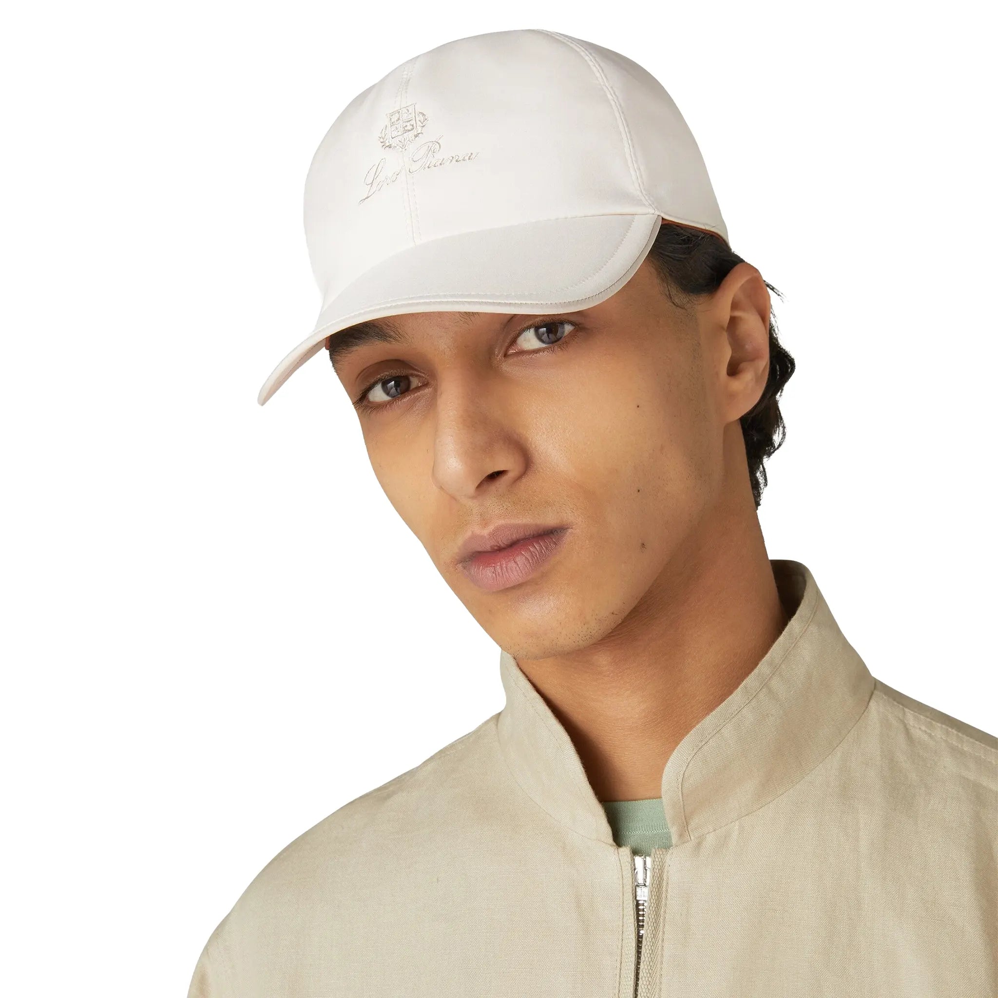 Model Front Side View of Loro Piana Microfibre Storm System Tonal Desert Dunes Ivory Baseball Cap FAB1977_B1GK