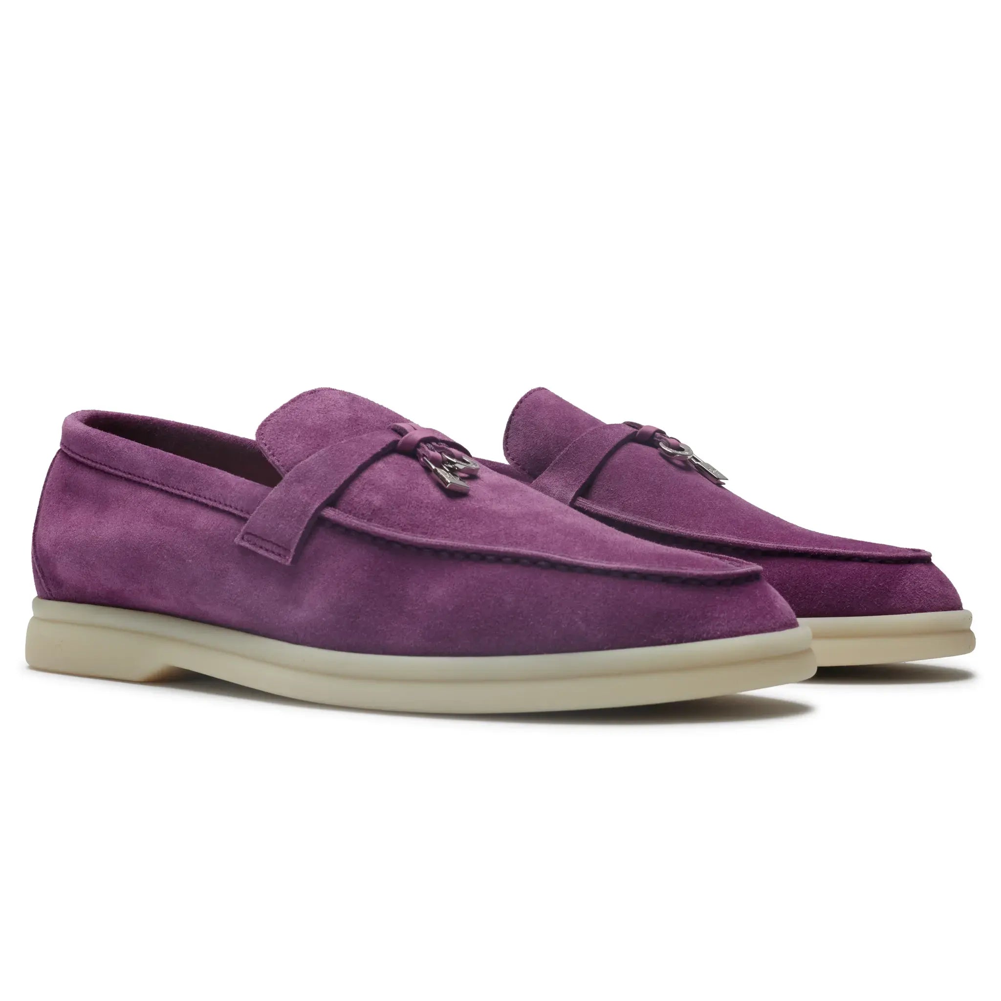 Front Side View of Loro Piana Summer Charms Suede Purple Daisy Loafers FAE5444_K01P
