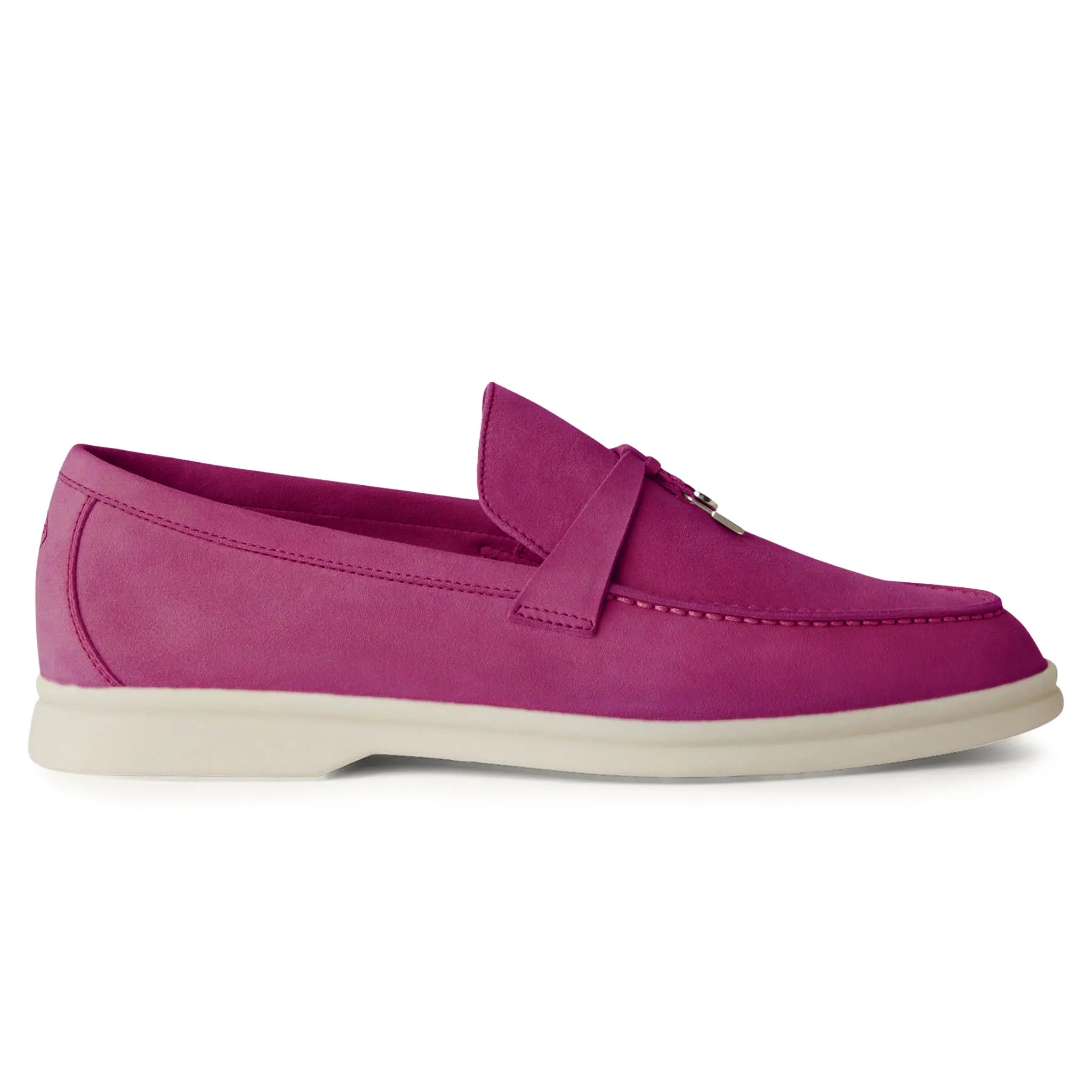 Side View of Loro Piana Summer Charms Suede Purple Daisy Loafers FAE5444_K01P