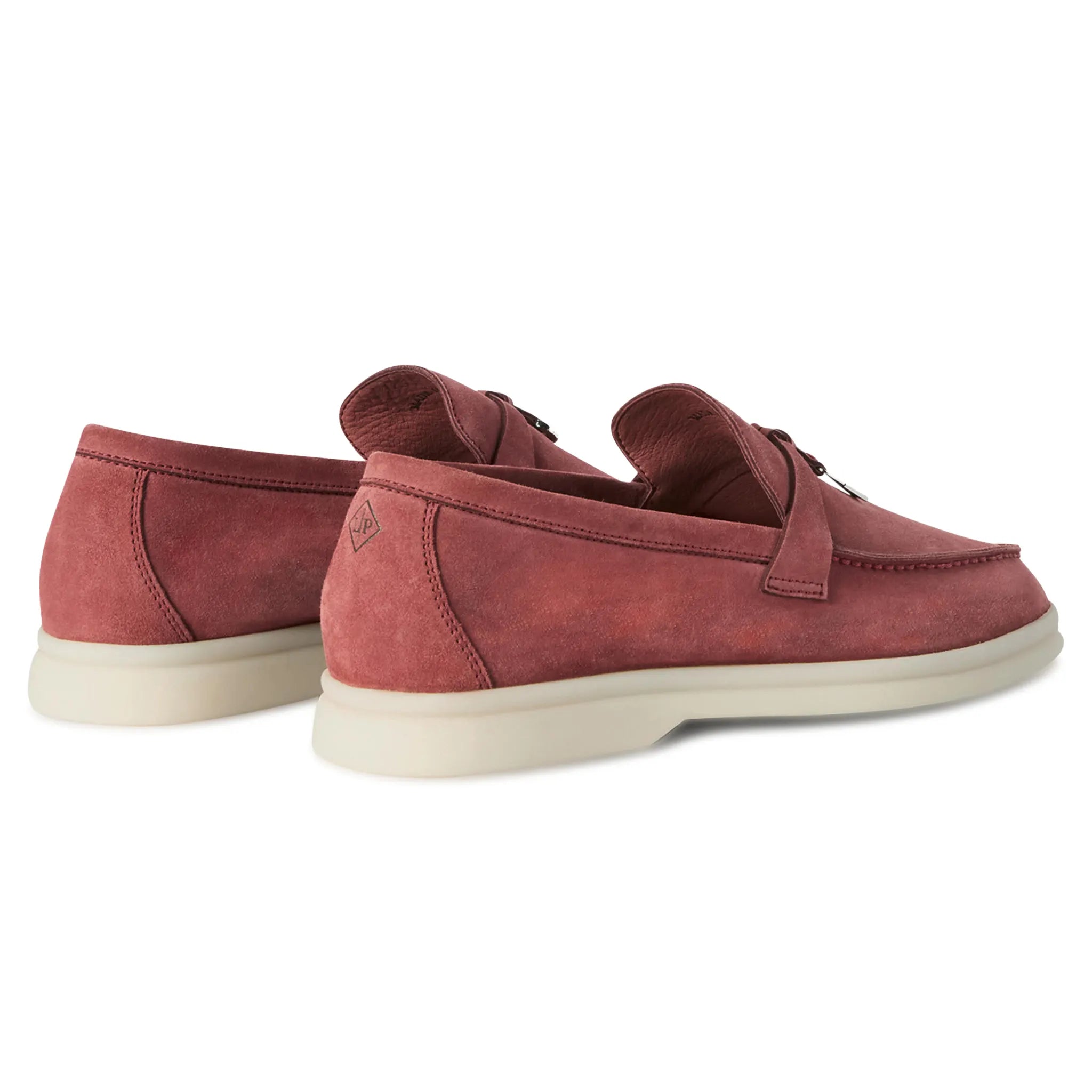 Back Side View of Loro Piana Summer Charms Suede Red Orchid Loafers FAE5444_R09E