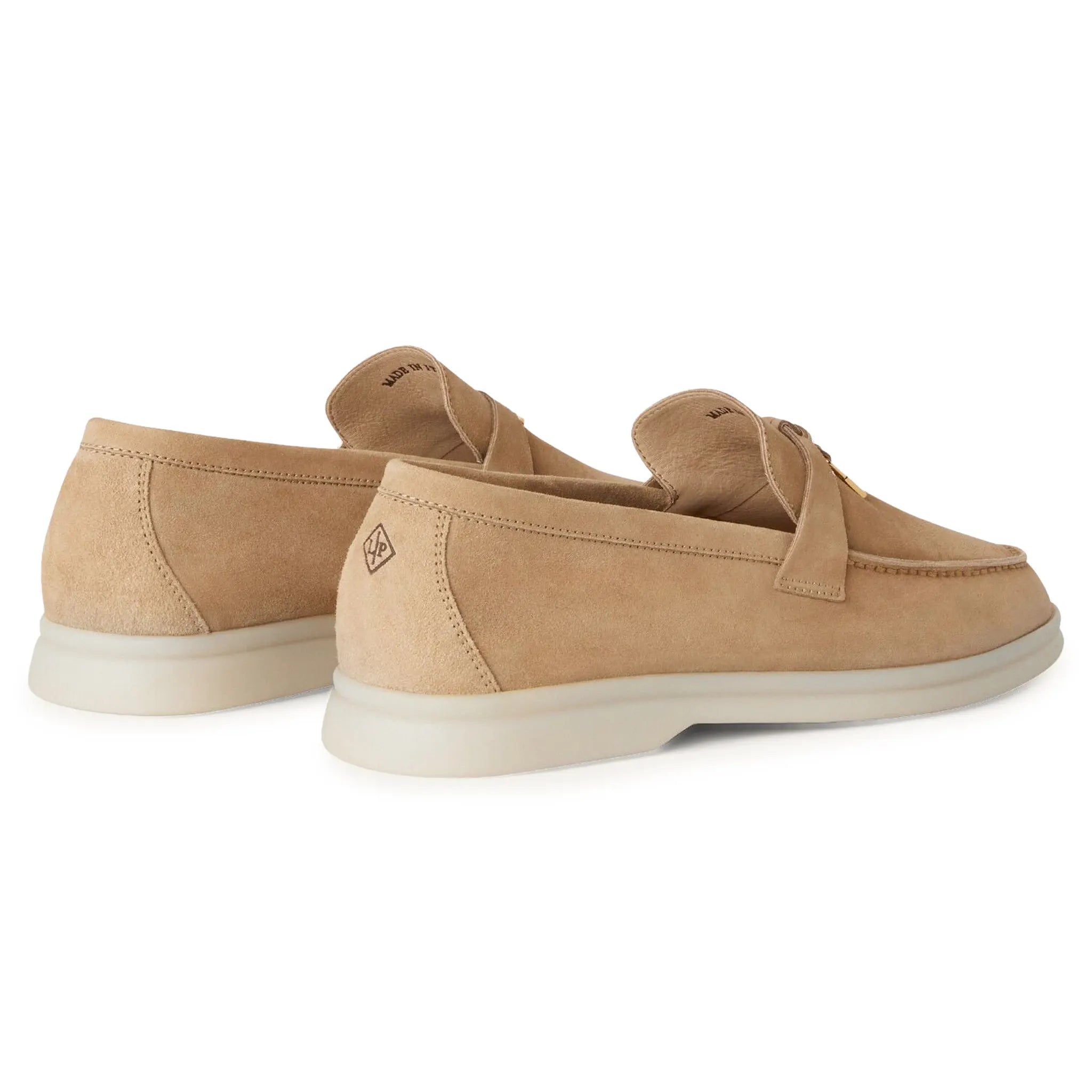 Back Side View of Loro Piana Summer Charms Suede Sandstone Loafers FAE5444