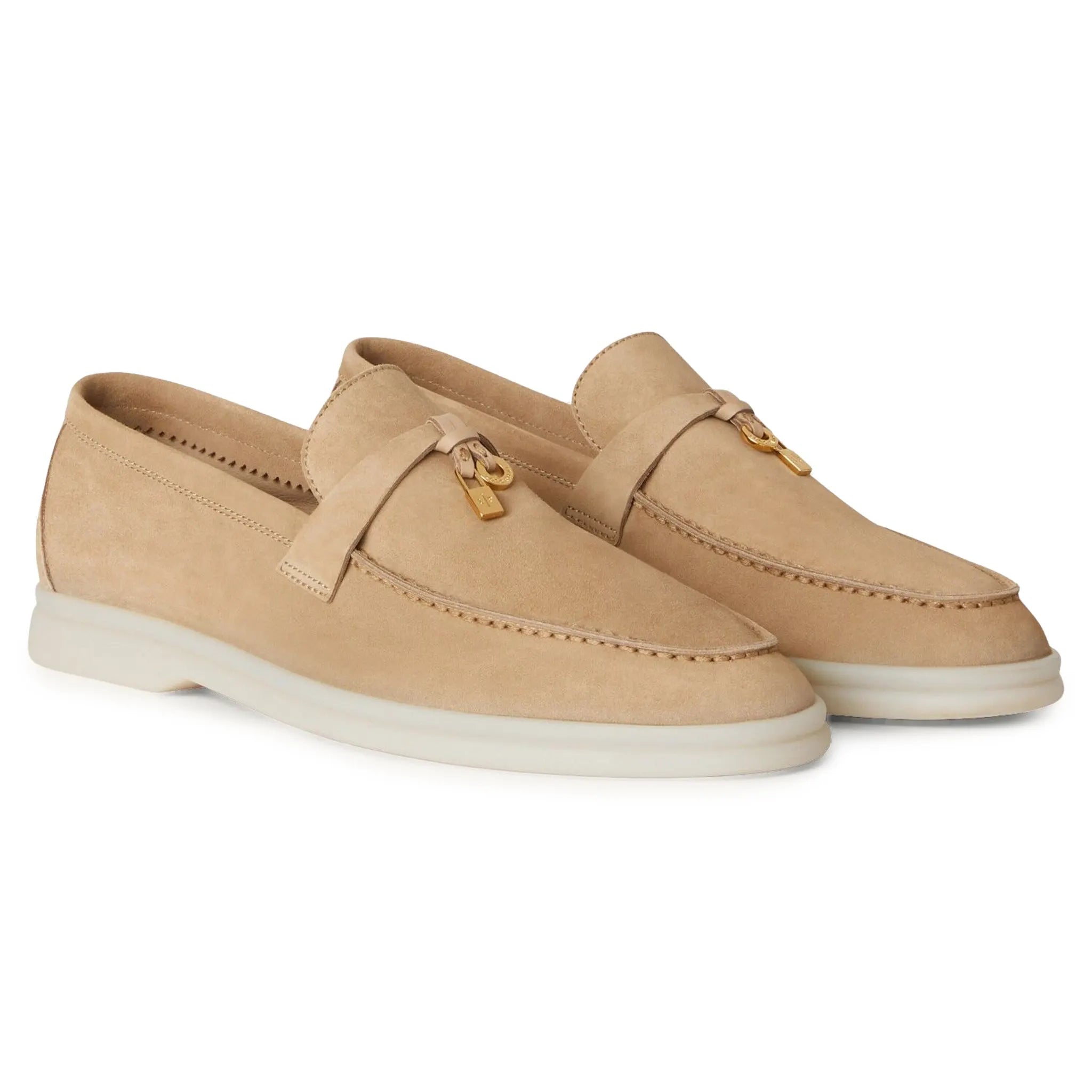 Front Side View of Loro Piana Summer Charms Suede Sandstone Loafers FAE5444