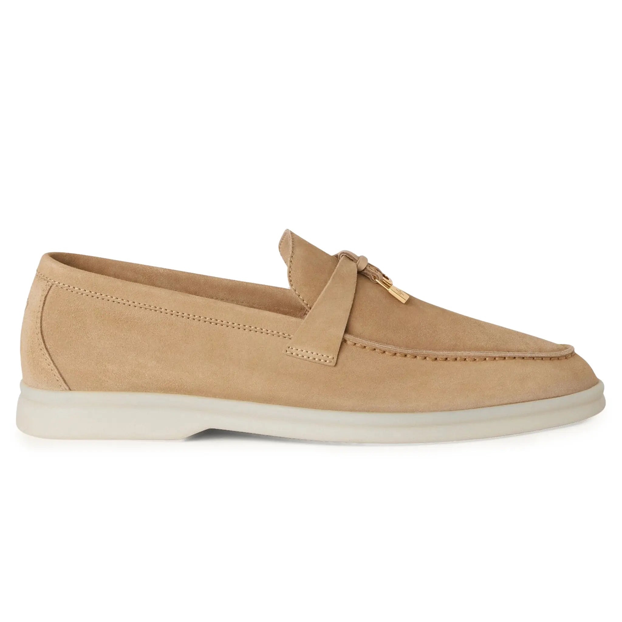 Side View of Loro Piana Summer Charms Suede Sandstone Loafers FAE5444
