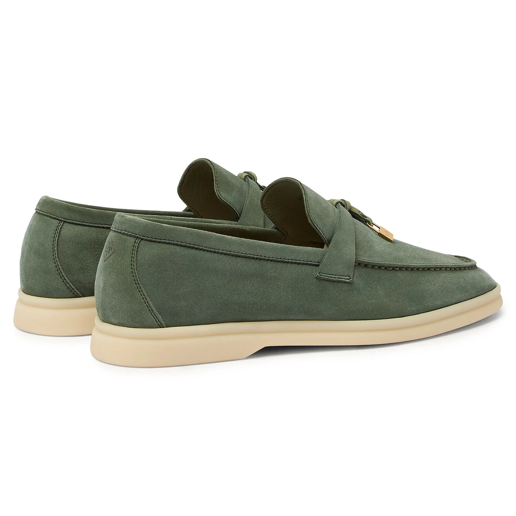 Back Side View of Loro Piana Summer Charms Walk Suede Green Lagoon Loafers FAE5444_518W