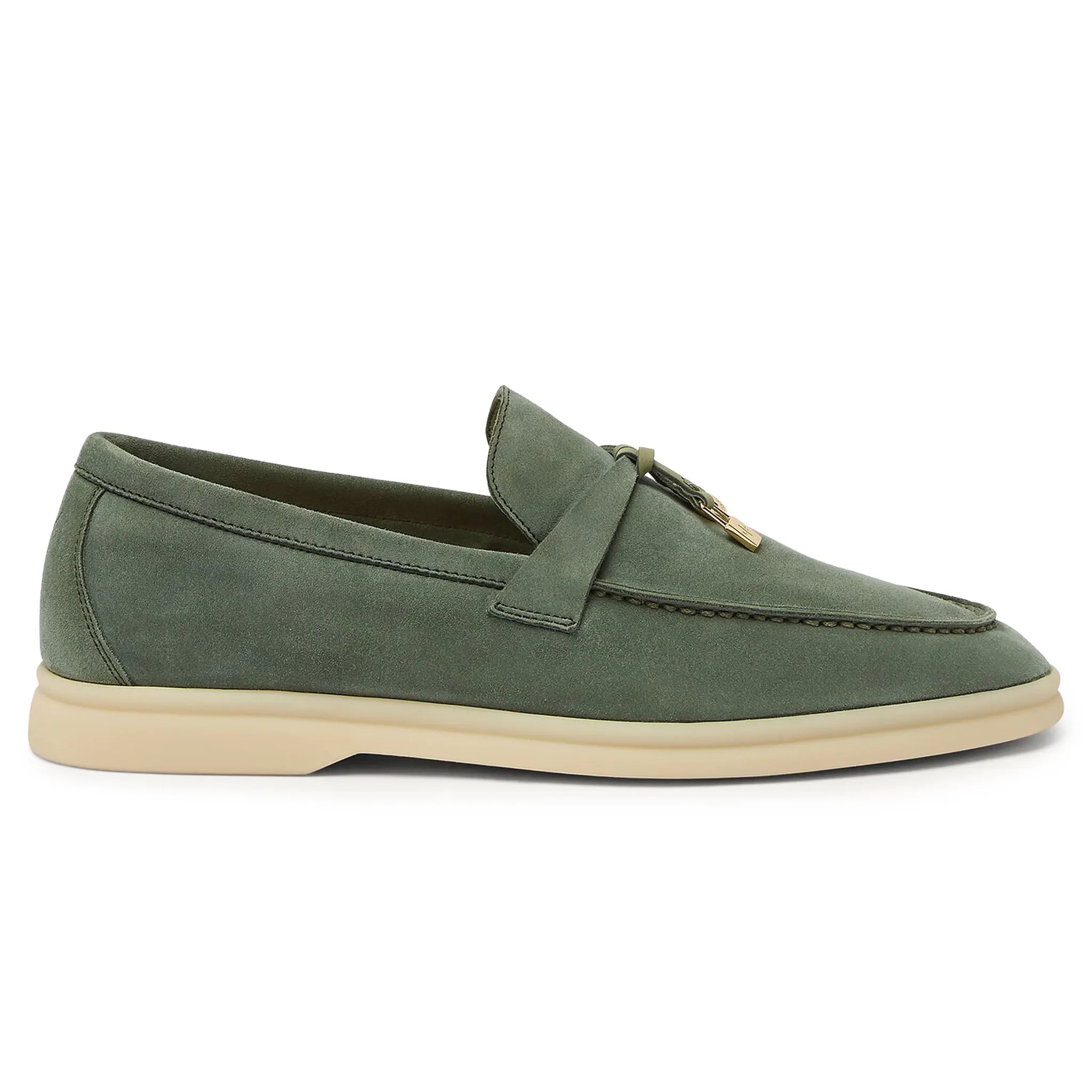 Side View of Loro Piana Summer Charms Walk Suede Green Lagoon Loafers FAE5444_518W