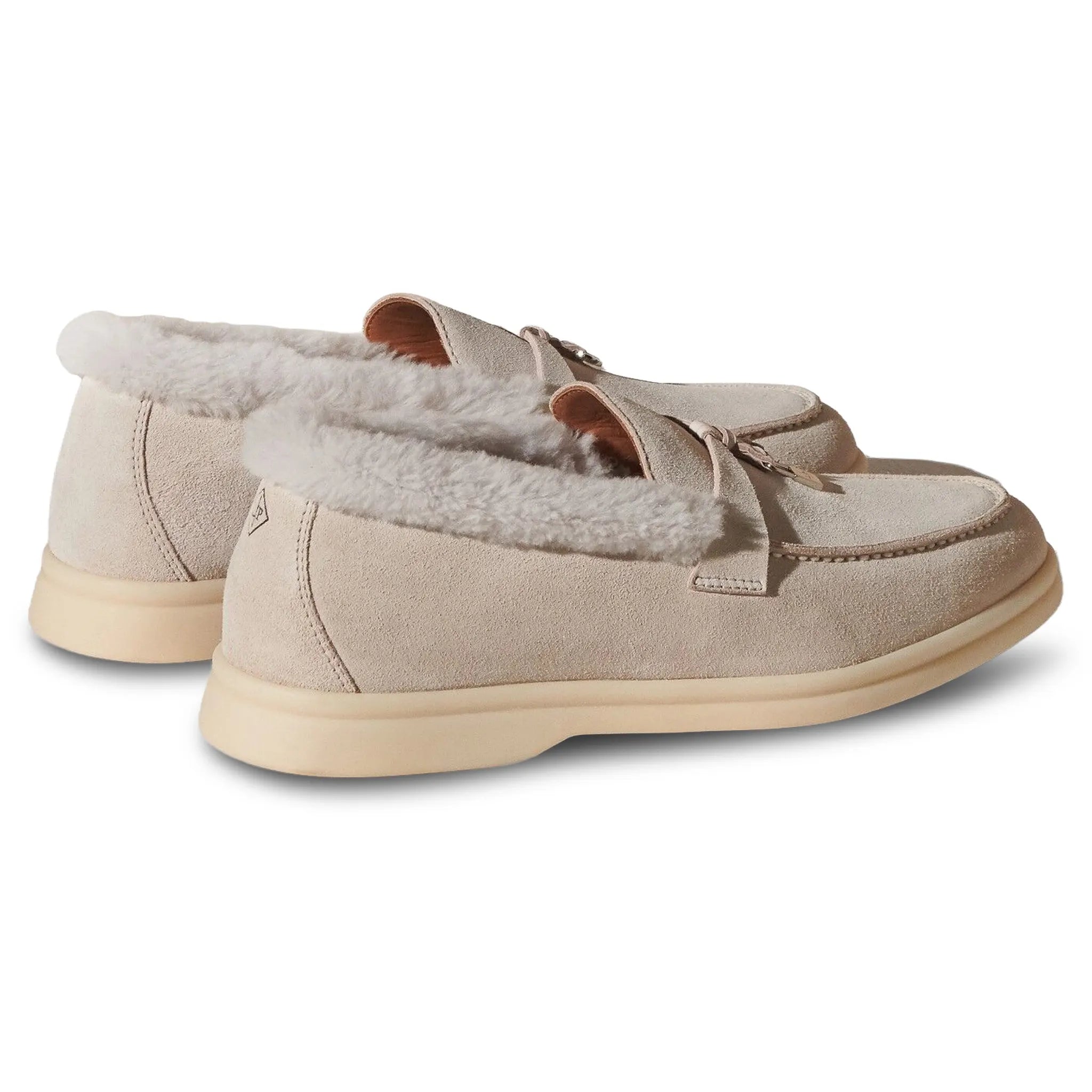 Back Side View of Loro Piana Summer Charms Walk Suede With Beaver Fur Pearl Powder Loafers FAL9227_A760