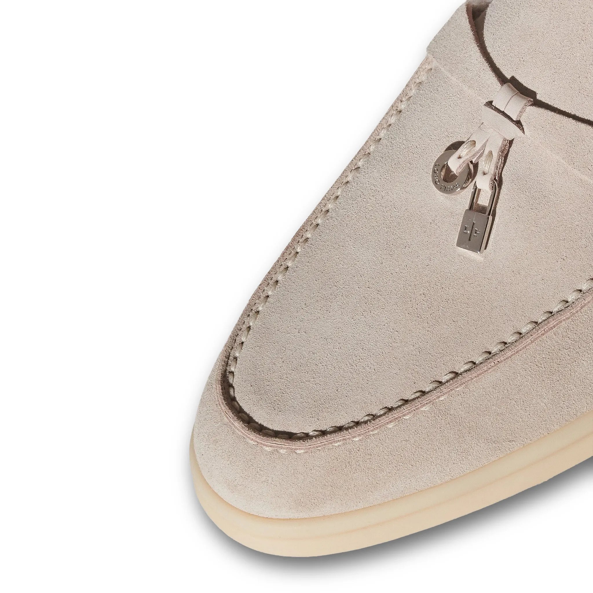 Upper Detailed View of Loro Piana Summer Charms Walk Suede With Beaver Fur Pearl Powder Loafers FAL9227_A760