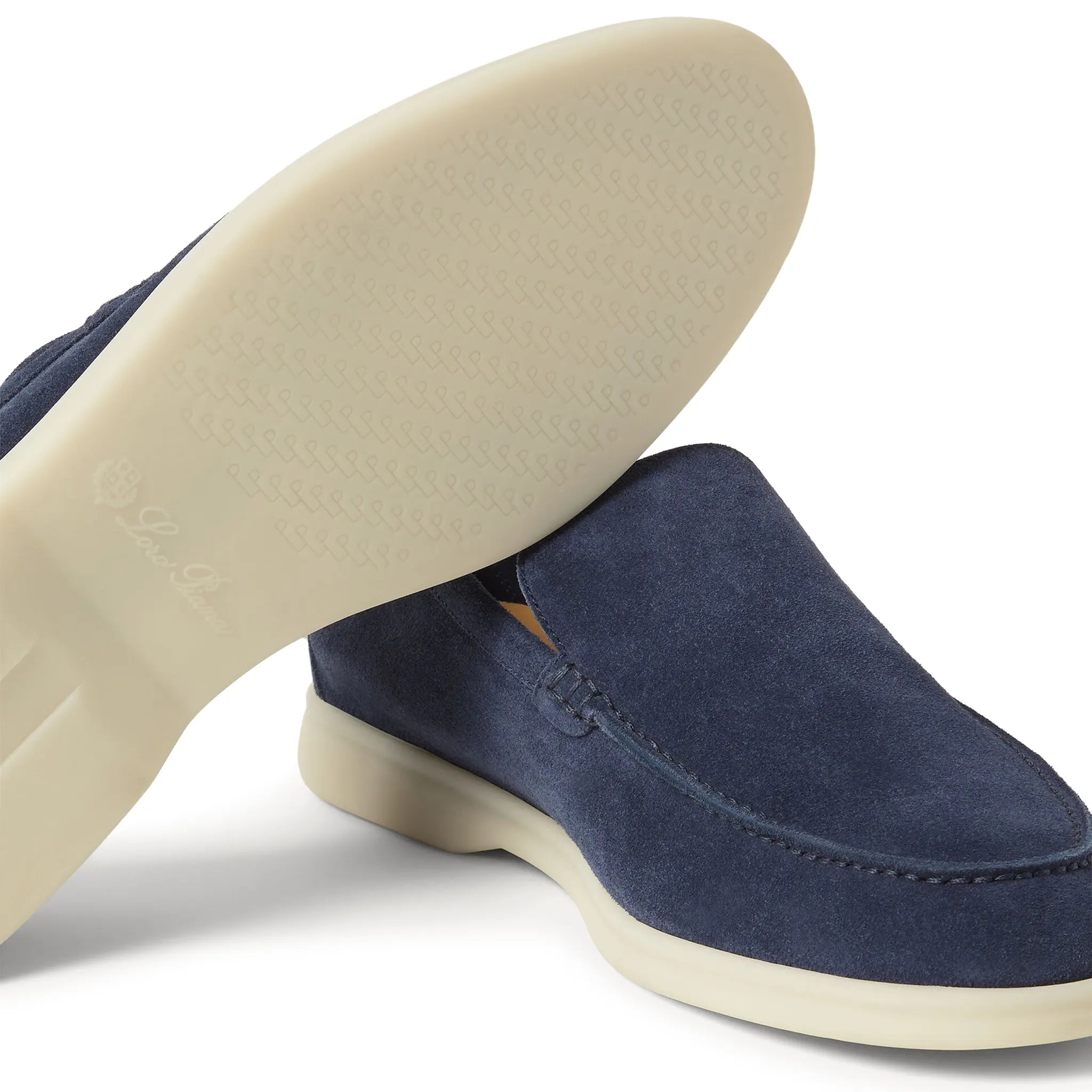 Sole Side View of Loro Piana Summer Walk Suede Dark Deep Sea Loafers FAE8124_W1JT