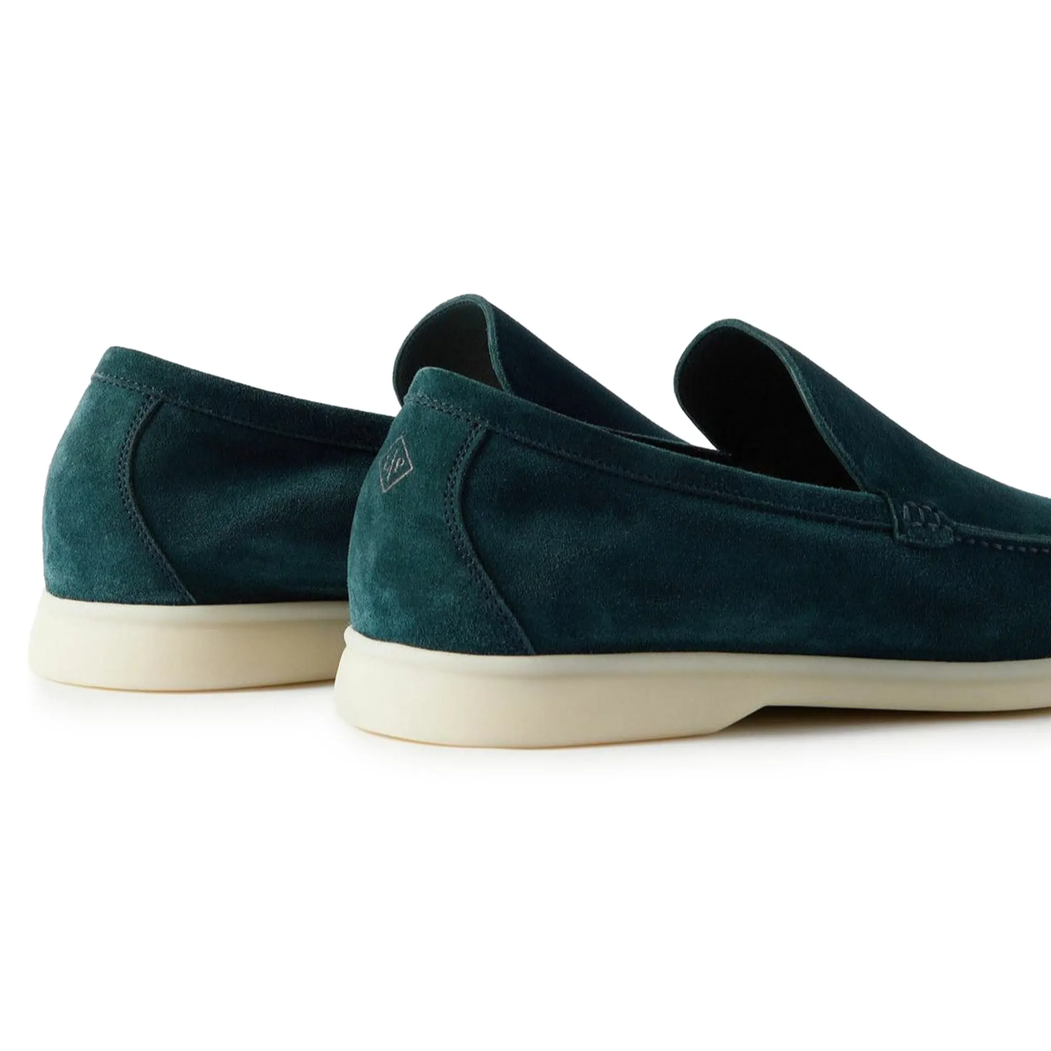 Back Side View of Loro Piana Summer Walk Suede Petrol Green Loafers FAE8124_W1JT
