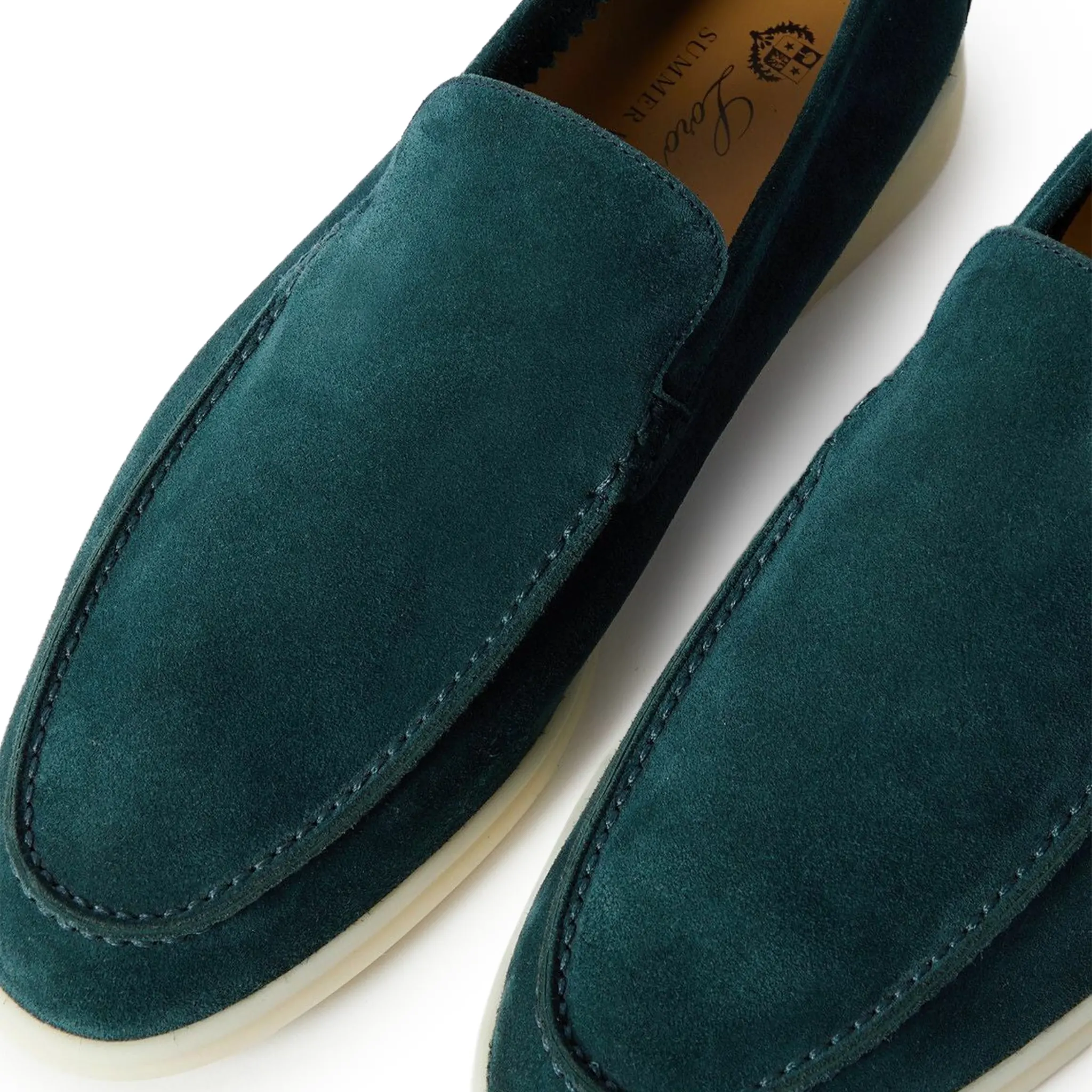 Upper View of Loro Piana Summer Walk Suede Petrol Green Loafers FAE8124_W1JT
