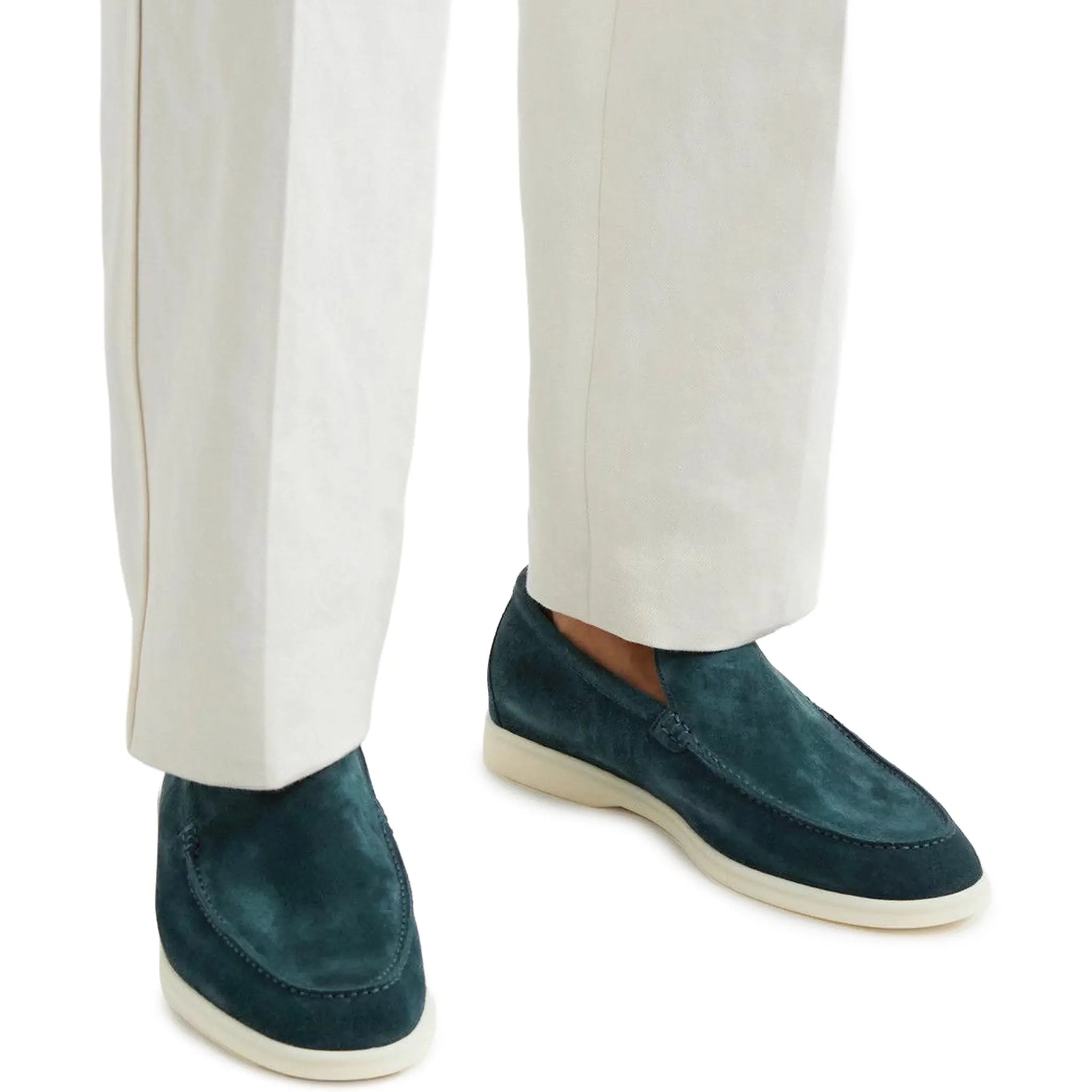 Model View of Loro Piana Summer Walk Suede Petrol Green Loafers FAE8124_W1JT
