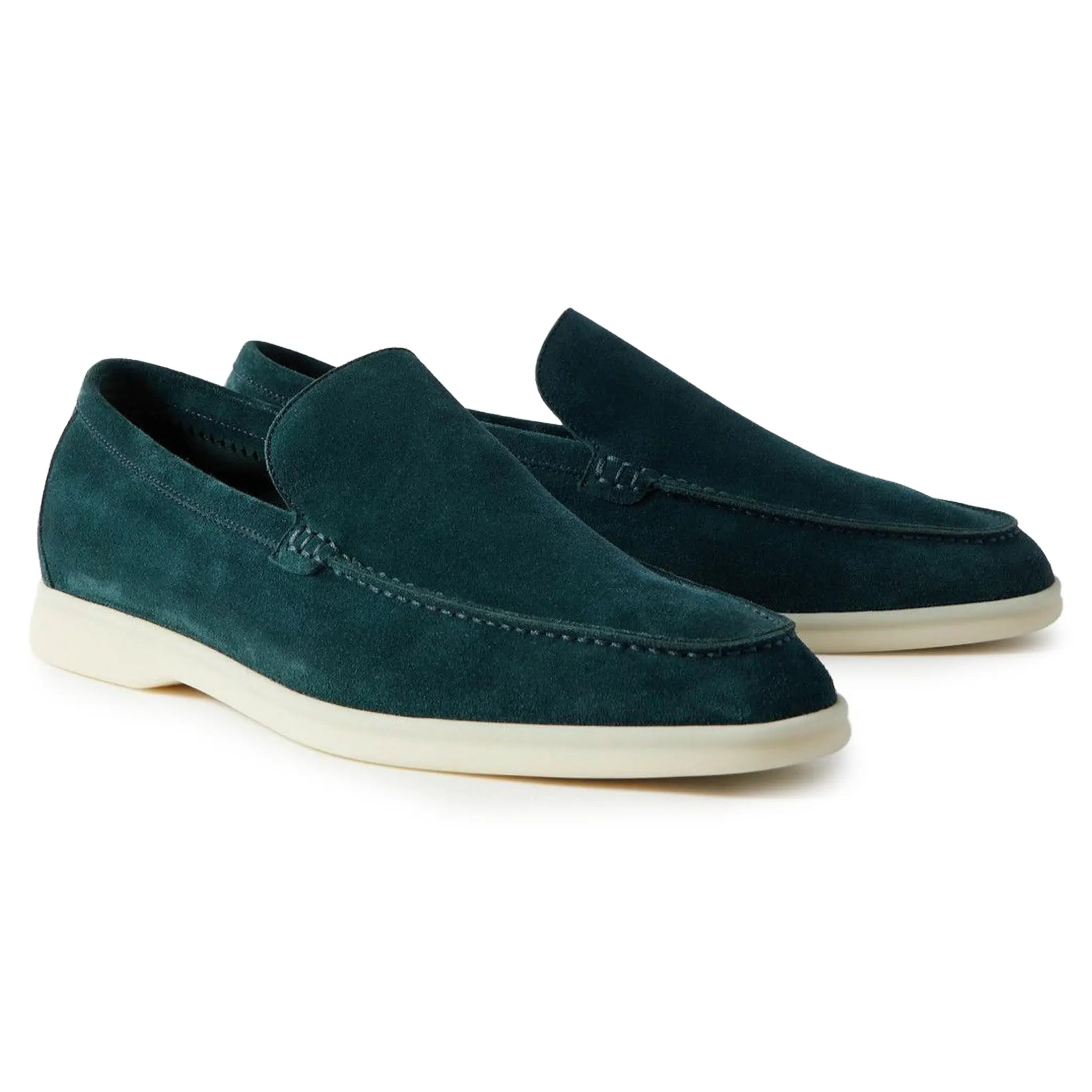 Front Side View of Loro Piana Summer Walk Suede Petrol Green Loafers FAE8124_W1JT