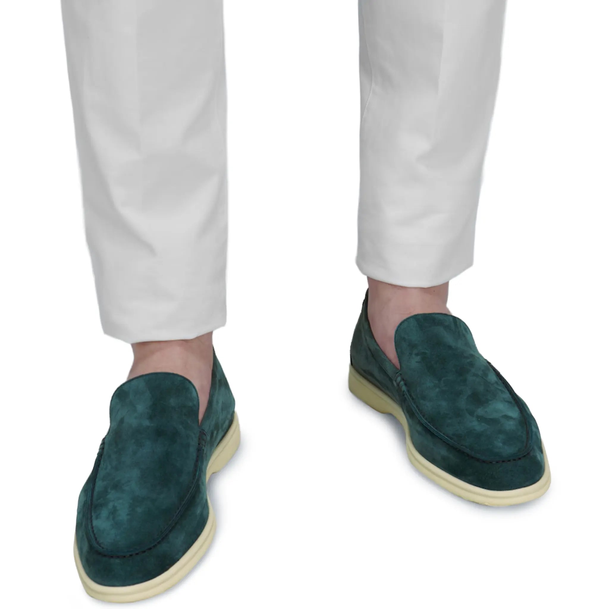 Model View of Loro Piana Summer Walk Suede Petrol Green Loafers FAE8124_W1JT