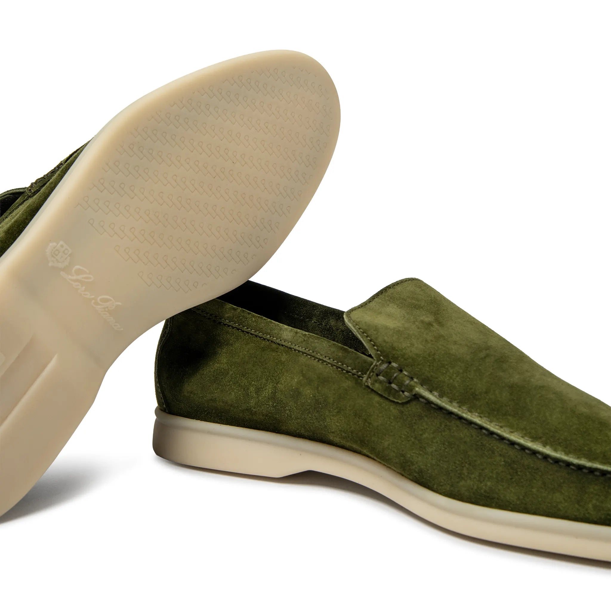 Sole Side View of Loro Piana Summer Walk Suede Verde Harrods Loafers FAG5861