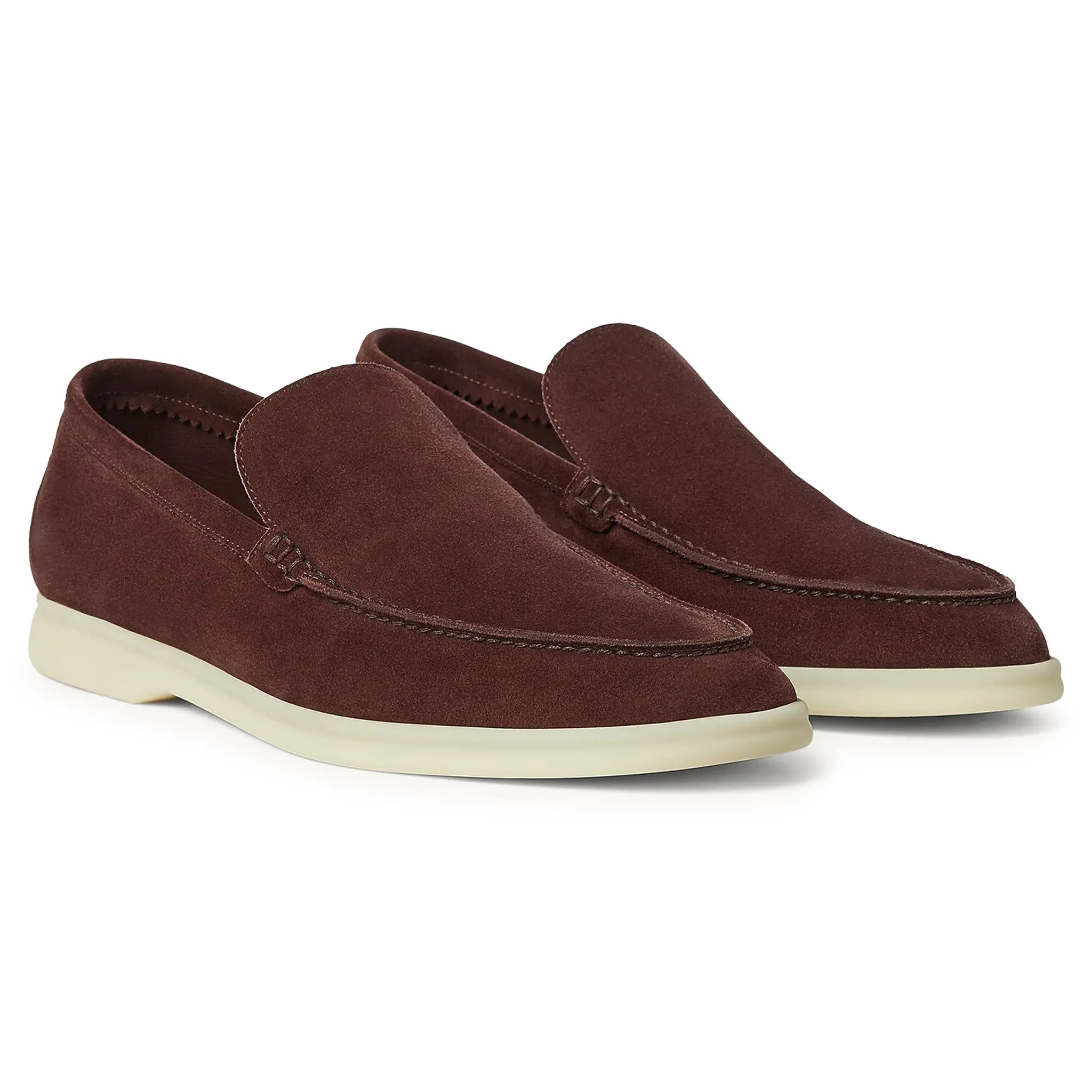 Front Side View of Loro Piana Summer Walk Suede Very Dark Maroon Loafers FAE8124_Q0B5