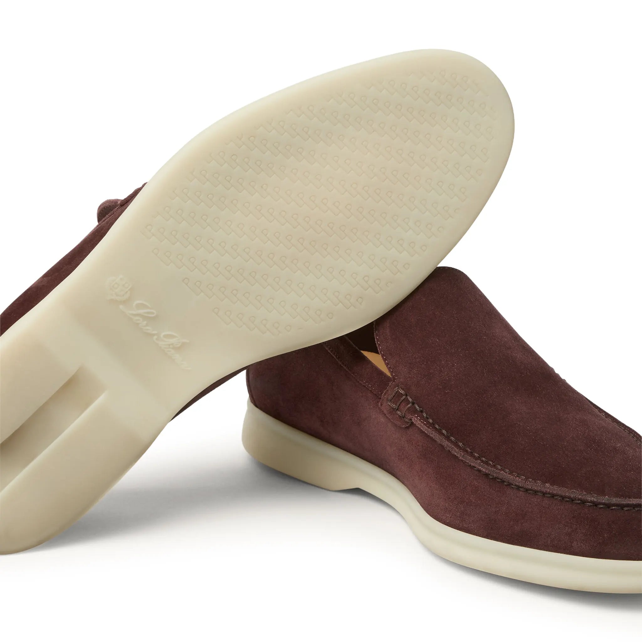 Sole Side View of Loro Piana Summer Walk Suede Very Dark Maroon Loafers FAE8124_Q0B5