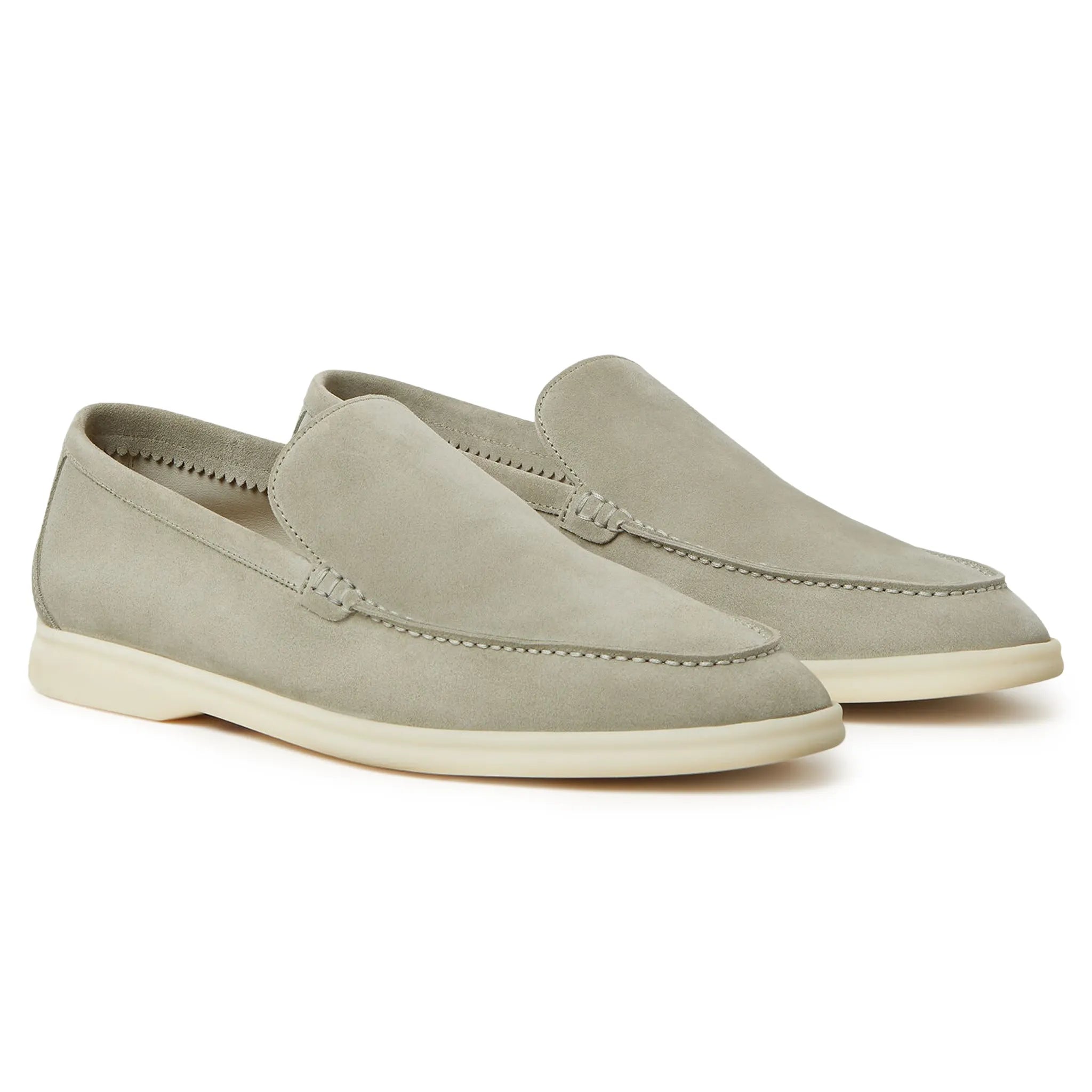 Front Side View of Loro Piana Summer Walk Suede Wild Desert Sage Loafers FAE8124_5O8I