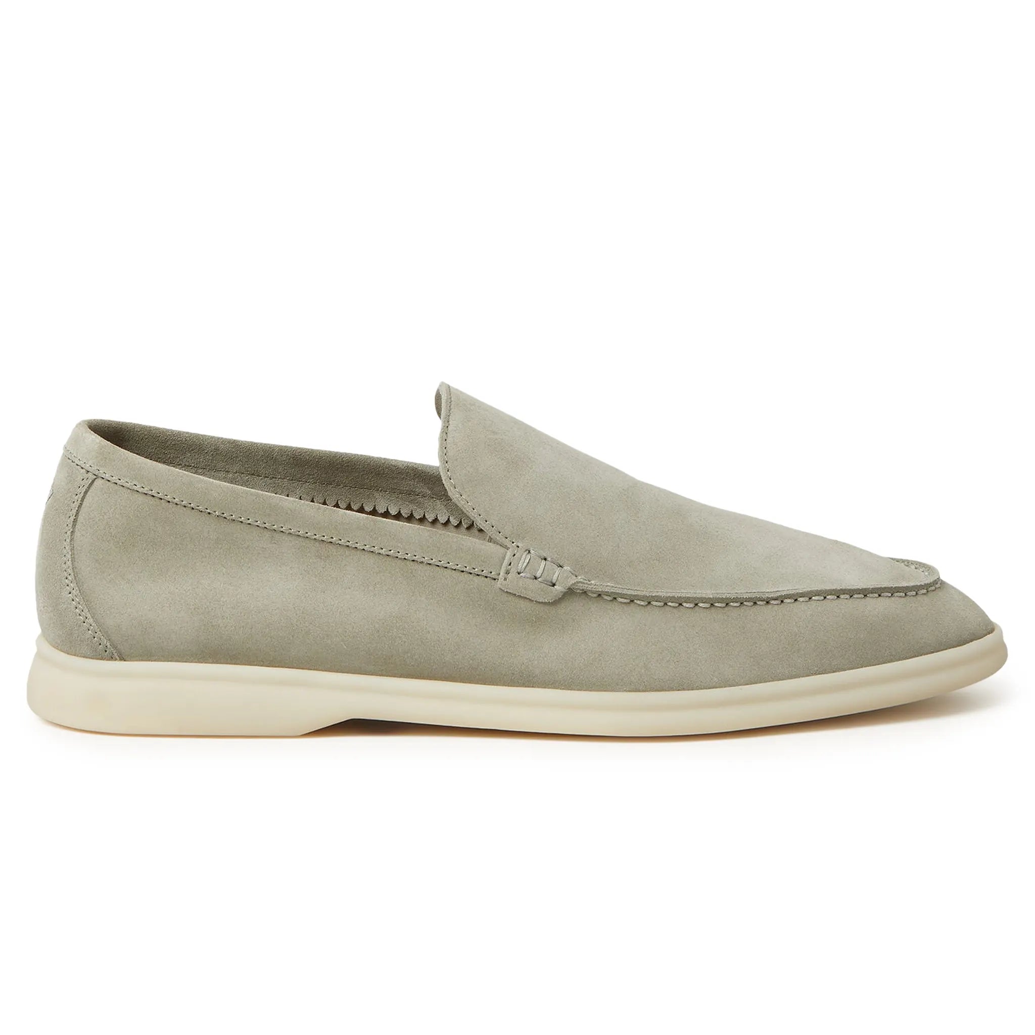 Side View of Loro Piana Summer Walk Suede Wild Desert Sage Loafers FAE8124_5O8I