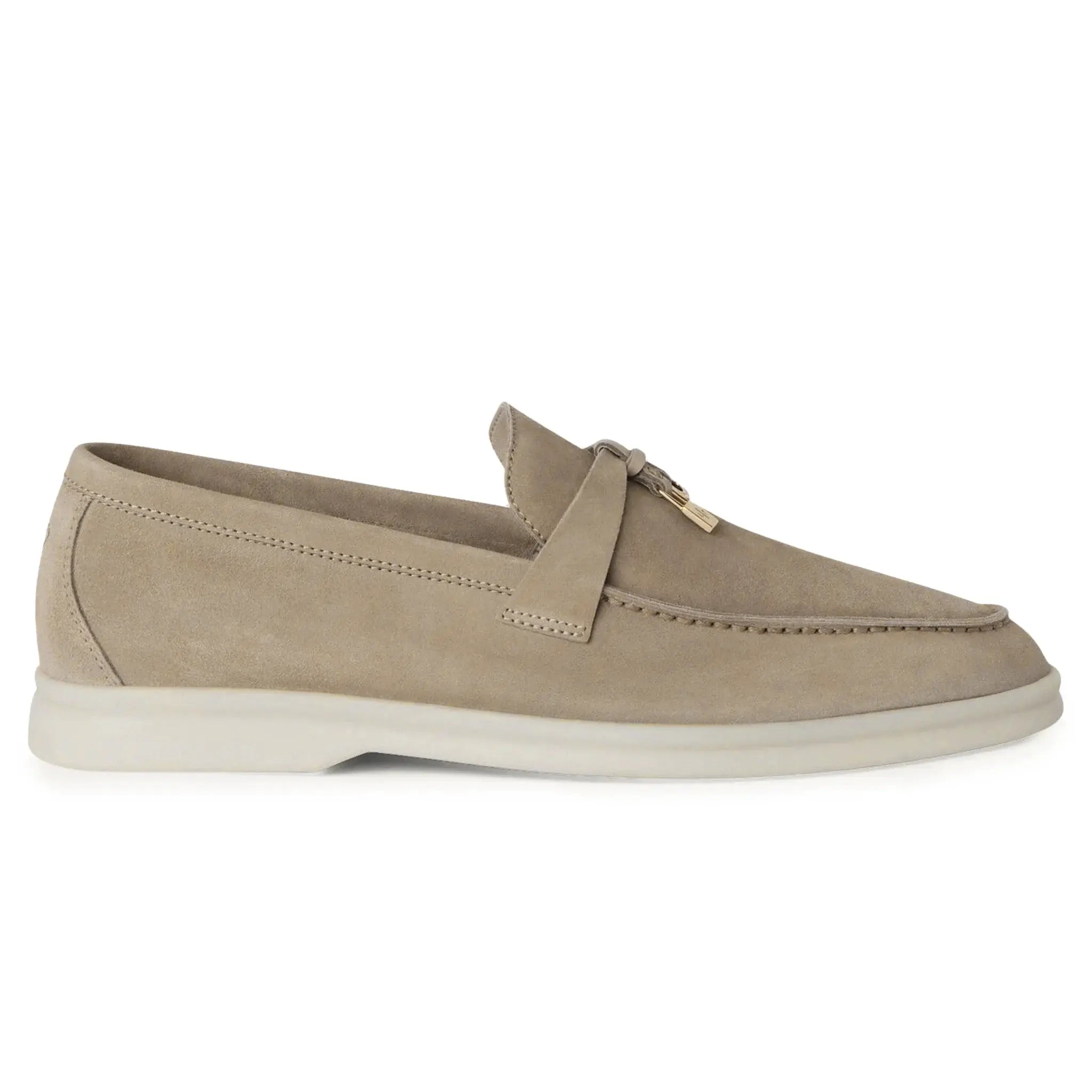 Side View of Loro Piana The Original Summer Charms Suede Beige Corda Loafers FAR1657_H1EE