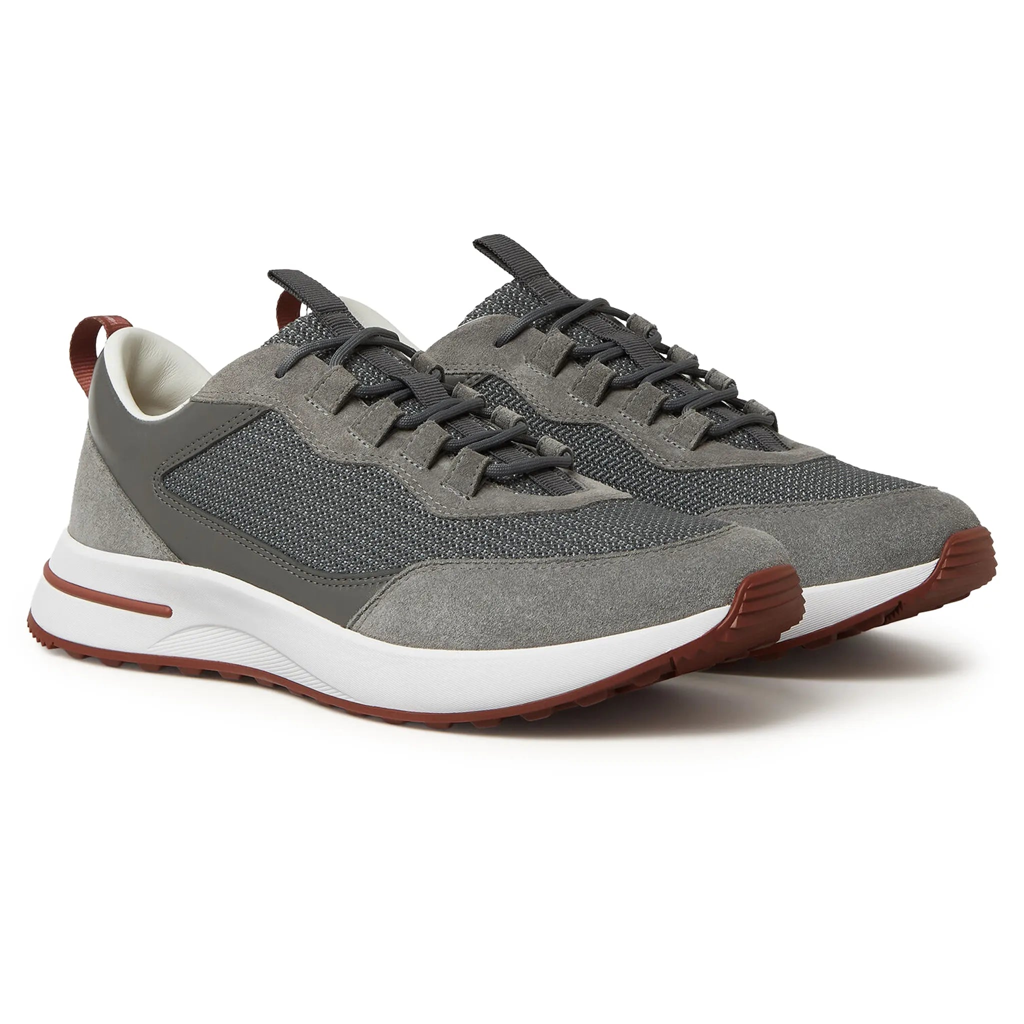 Front Side View of Loro Piana Week End Light Urban Stone Suede Mesh Sneaker FAR1331_F8ZC