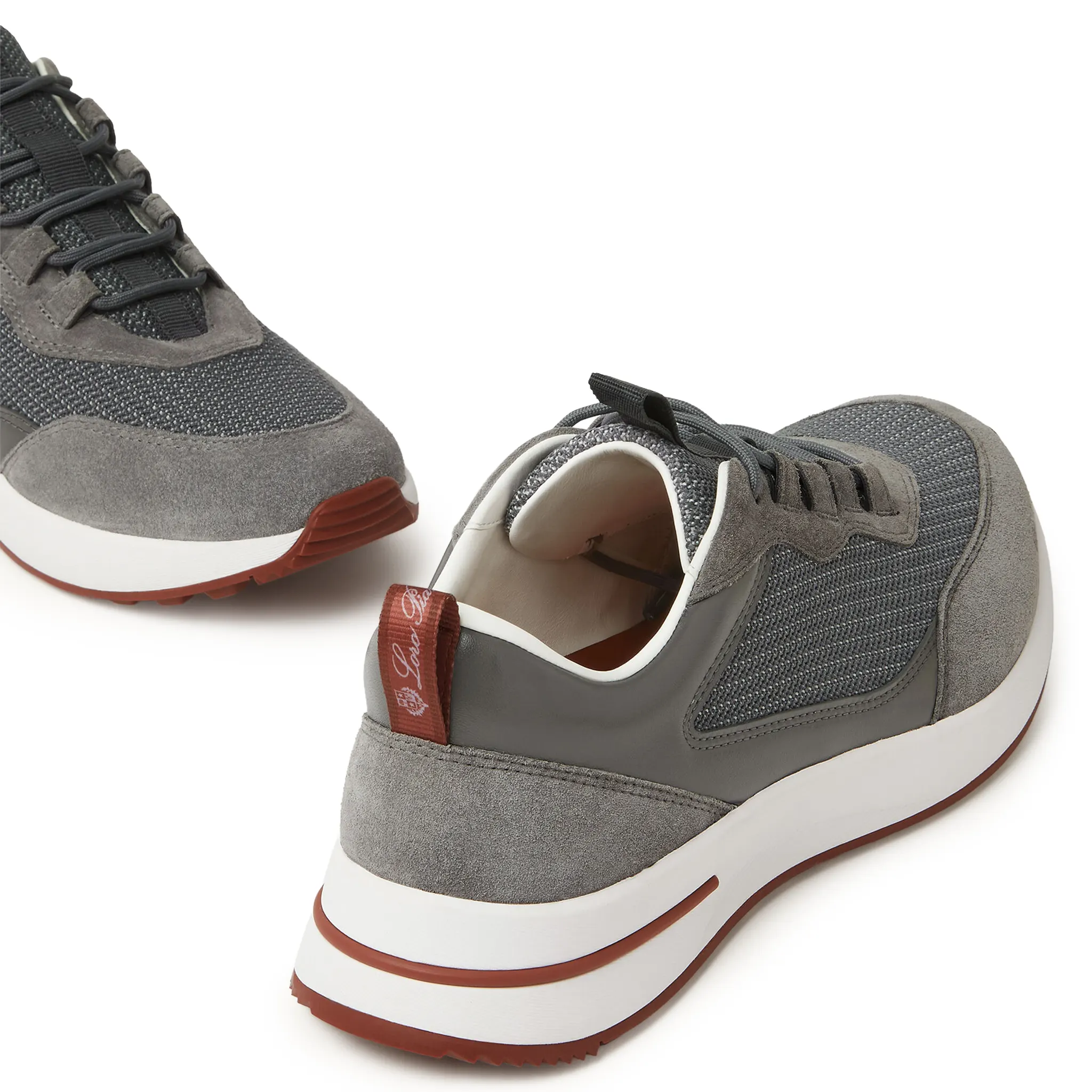 Back Side View of Loro Piana Week End Light Urban Stone Suede Mesh Sneaker FAR1331_F8ZC