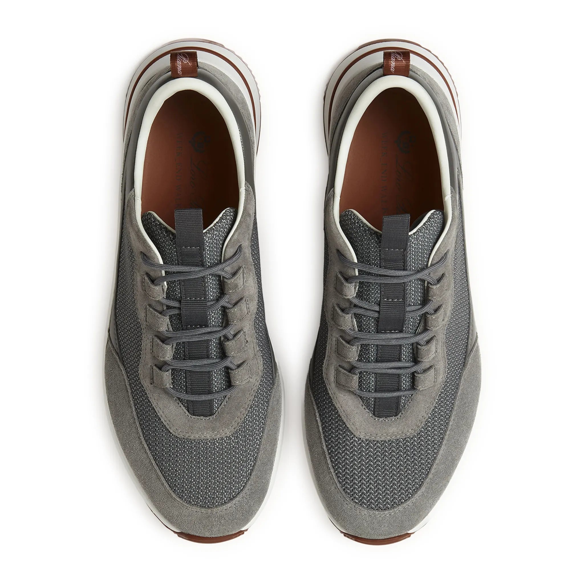Upper View of Loro Piana Week End Light Urban Stone Suede Mesh Sneaker FAR1331_F8ZC