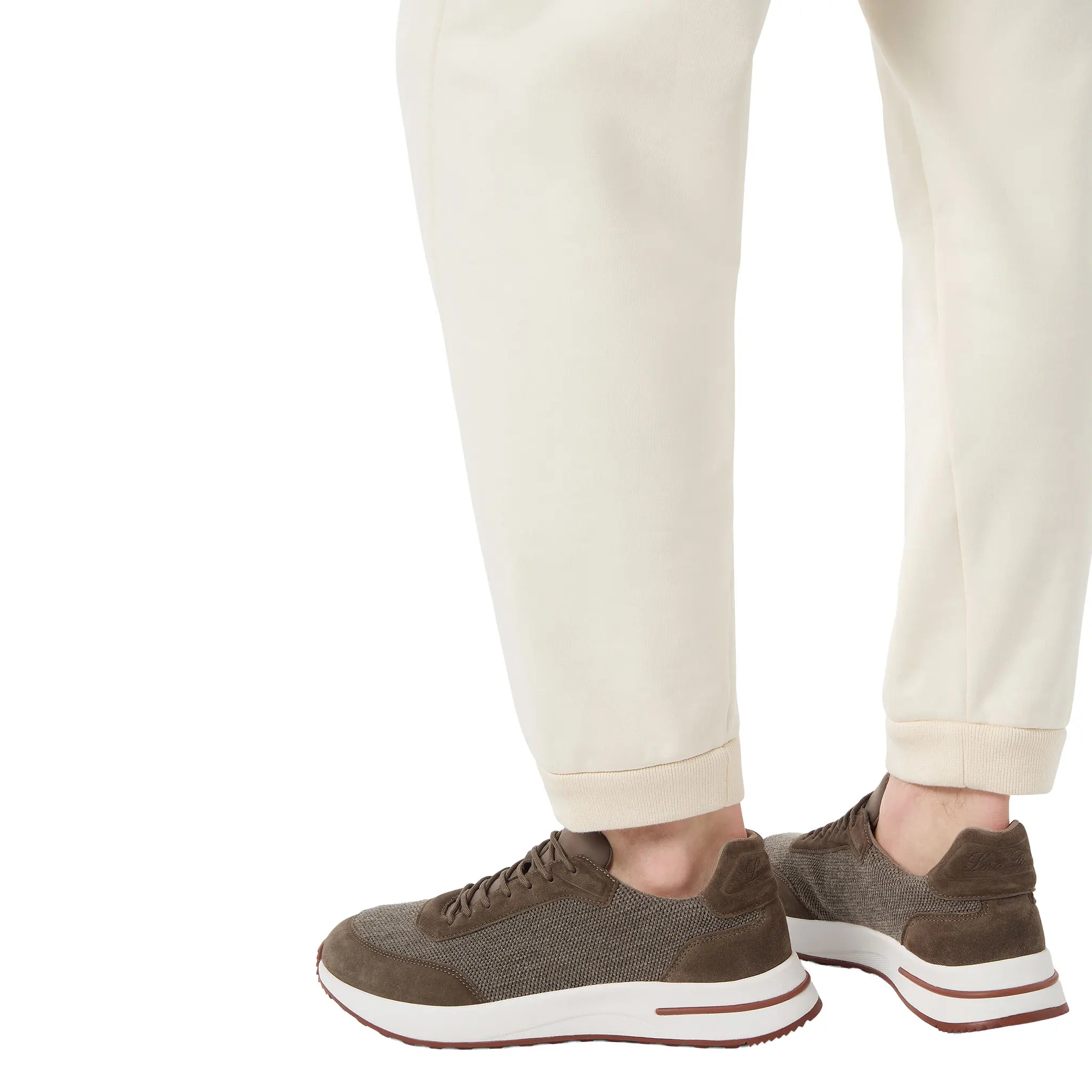 Model Side View of Loro Piana Week End Walk Pecora Nera Wool May Field Sneaker FAQ3270_H0YO